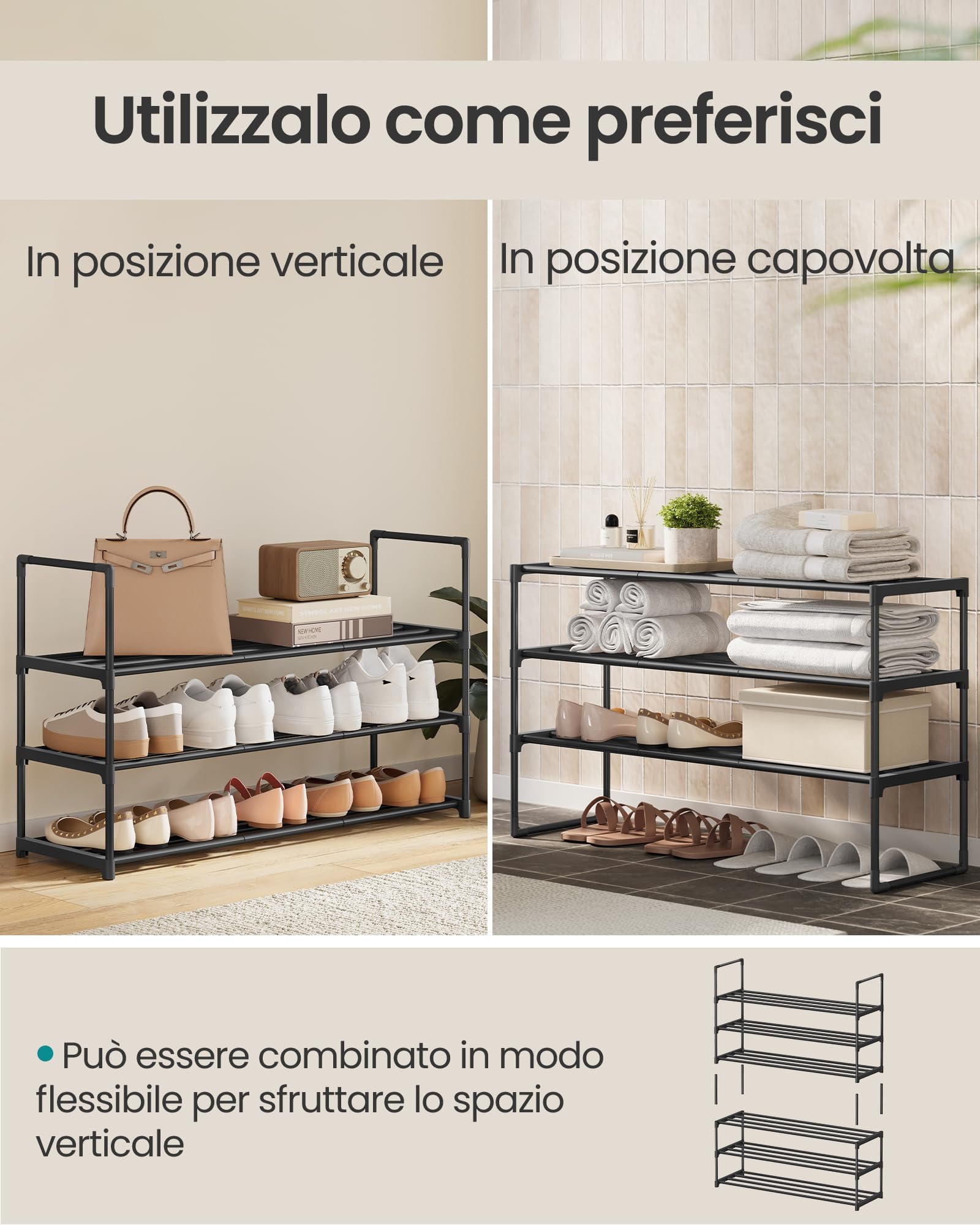 Songmics LSA303B02 scarpiera metallo nero 3 ripiani 16-20 paia