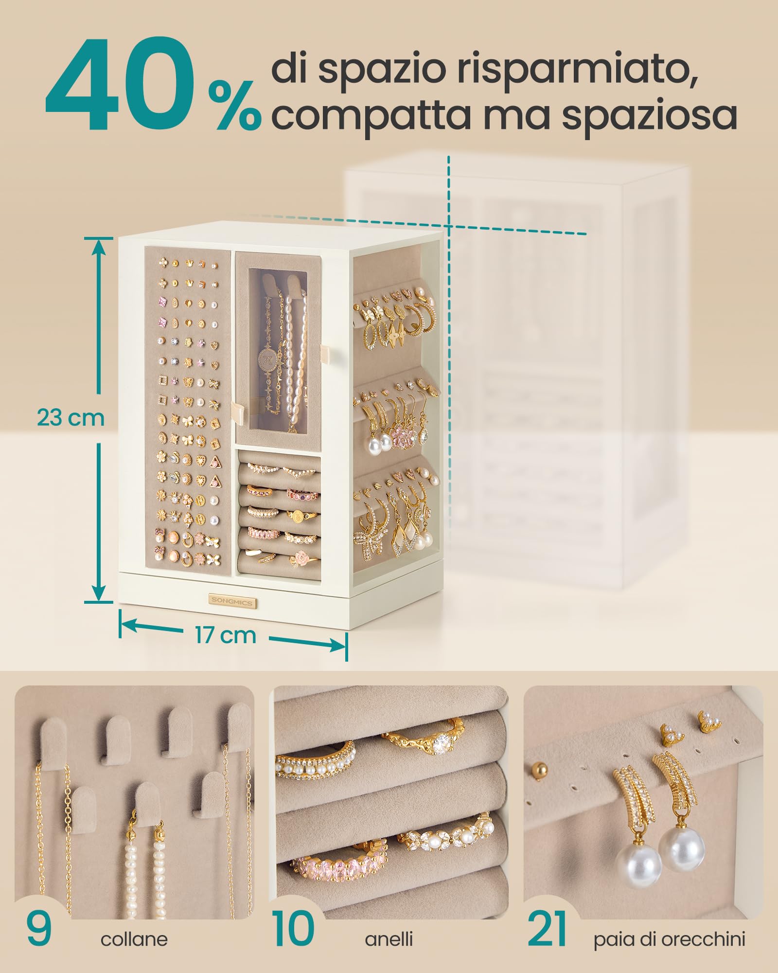 Songmics JBC211WD01 portagioie girevole bianco crema 4 cassetti