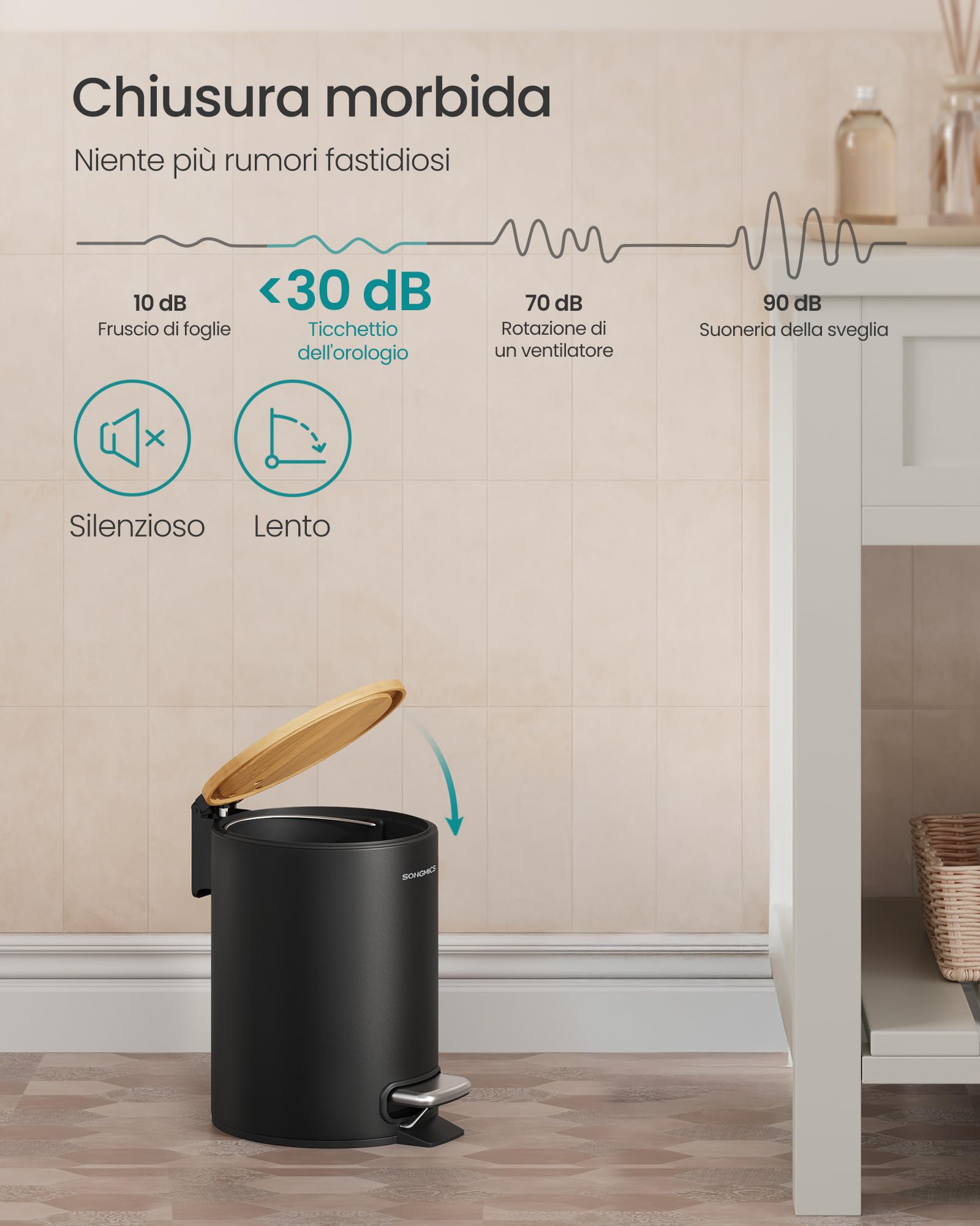Songmics LTB113BZ01 pattumiera bagno nero 3 L bambù