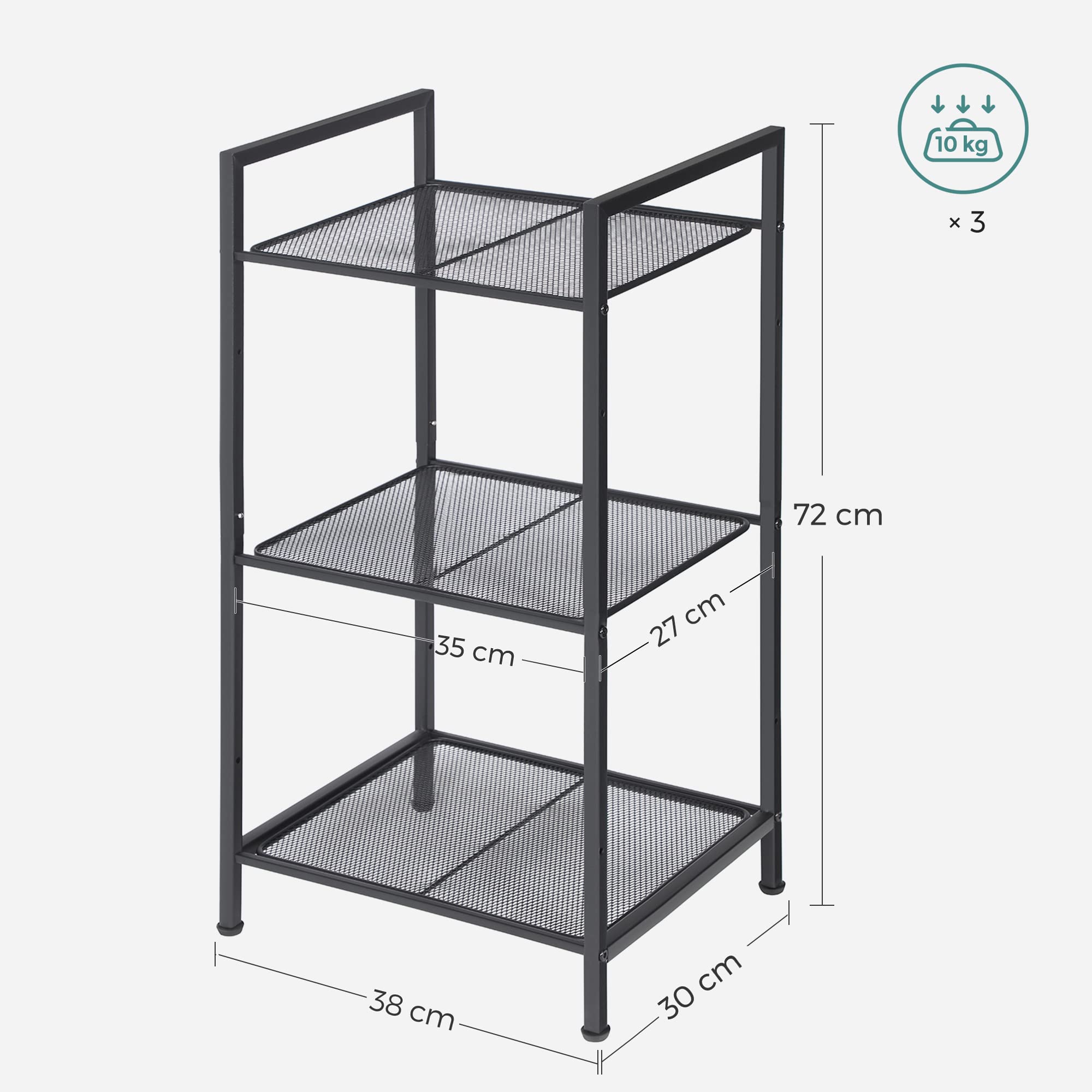 Songmics BSC33BK scaffale 3 ripiani nero 38x30x72 cm rete