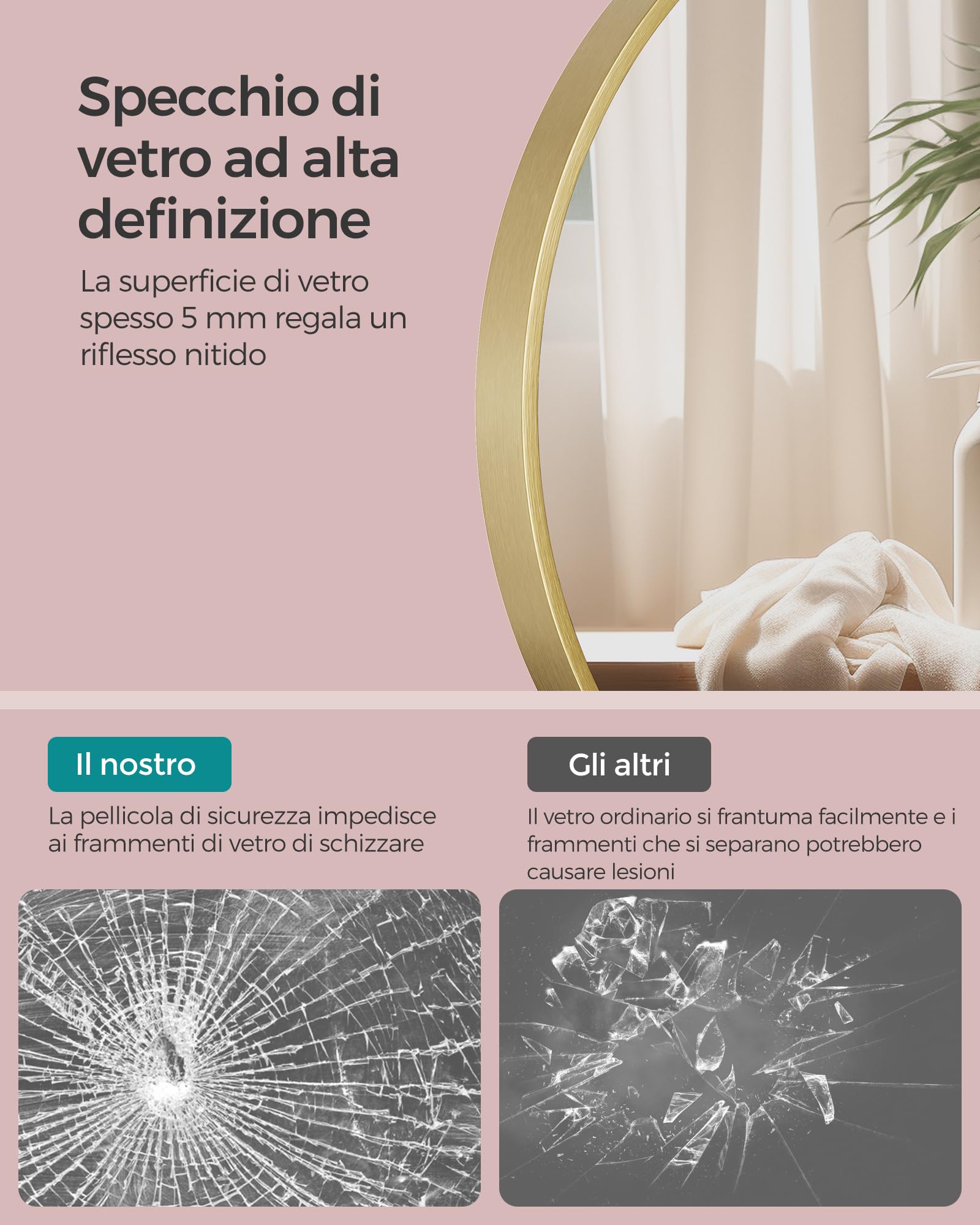 Songmics Berit LWM102A01 specchio rotondo 61 cm oro alluminio