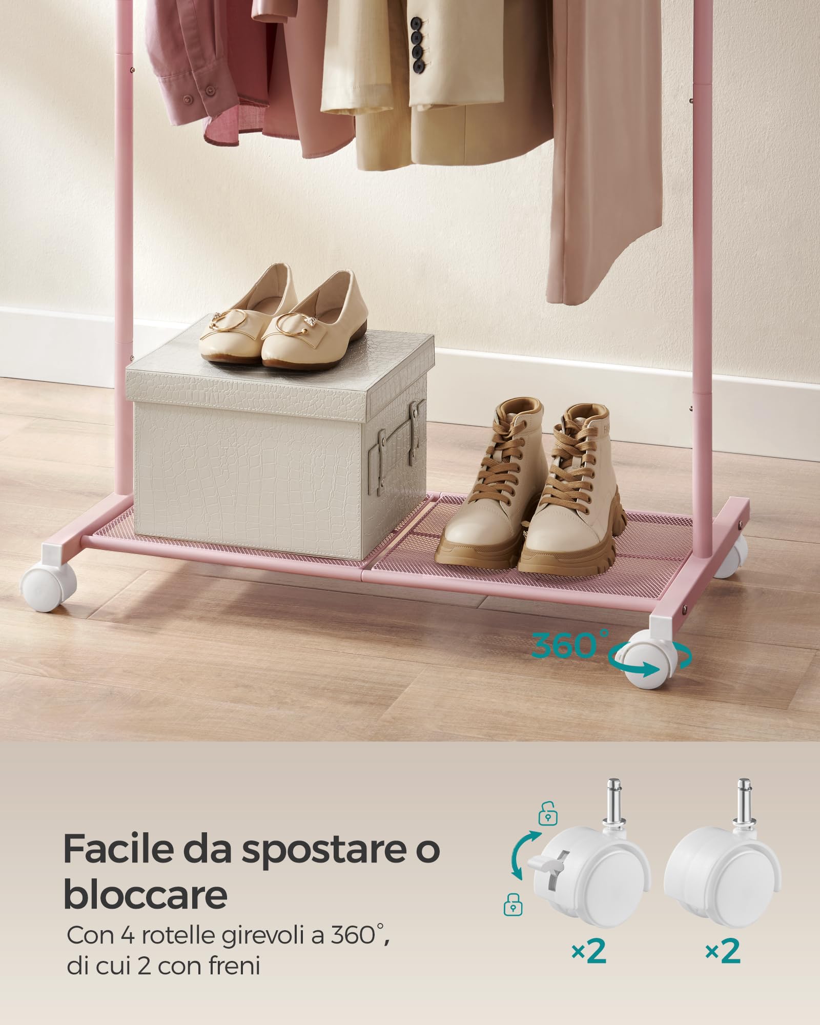 Songmics HSR130R01 stand appendiabiti ruote rosa pastello 74 cm