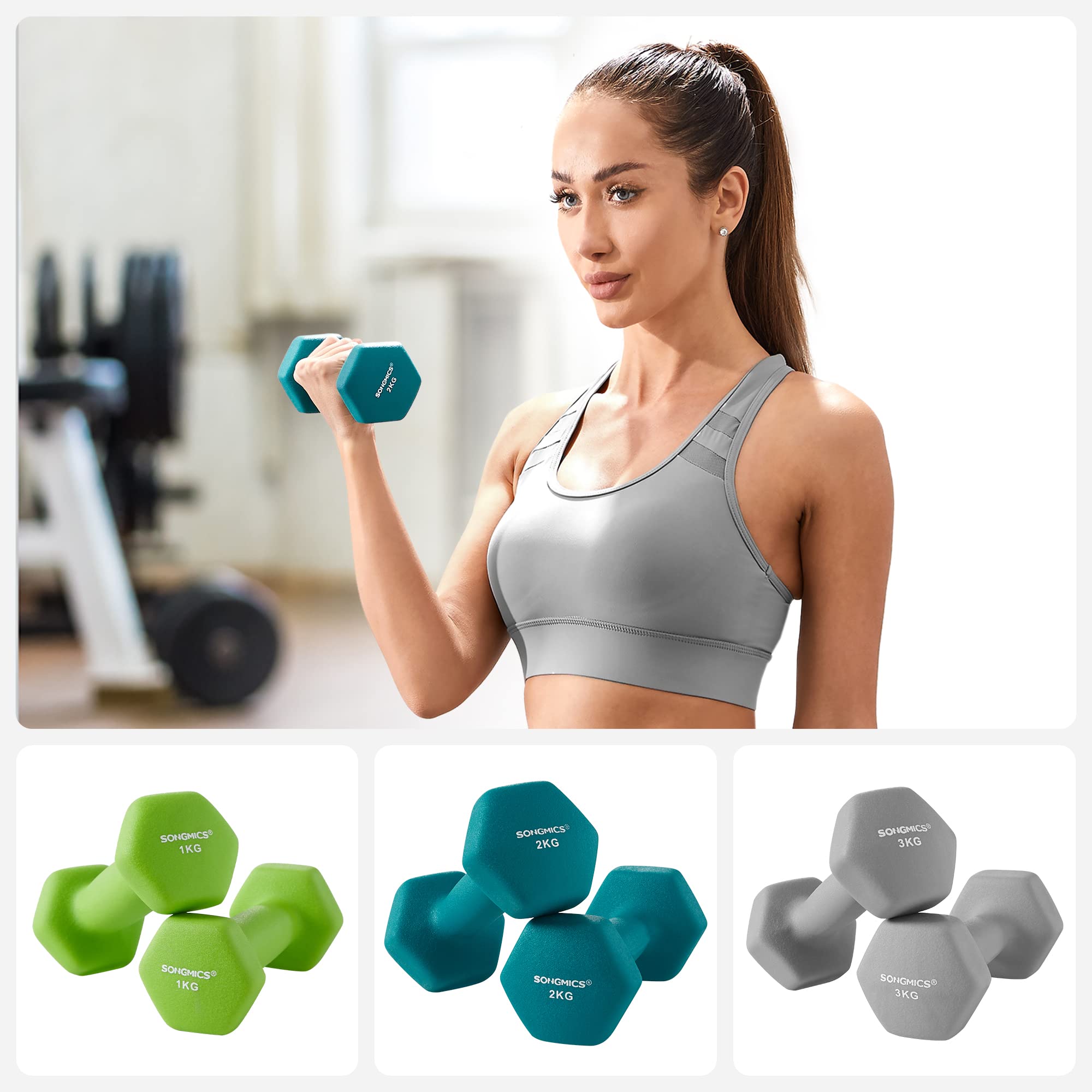 Songmics Set Manubri Esagonali 6 Pezzi Verde Grigio Antiscivolo