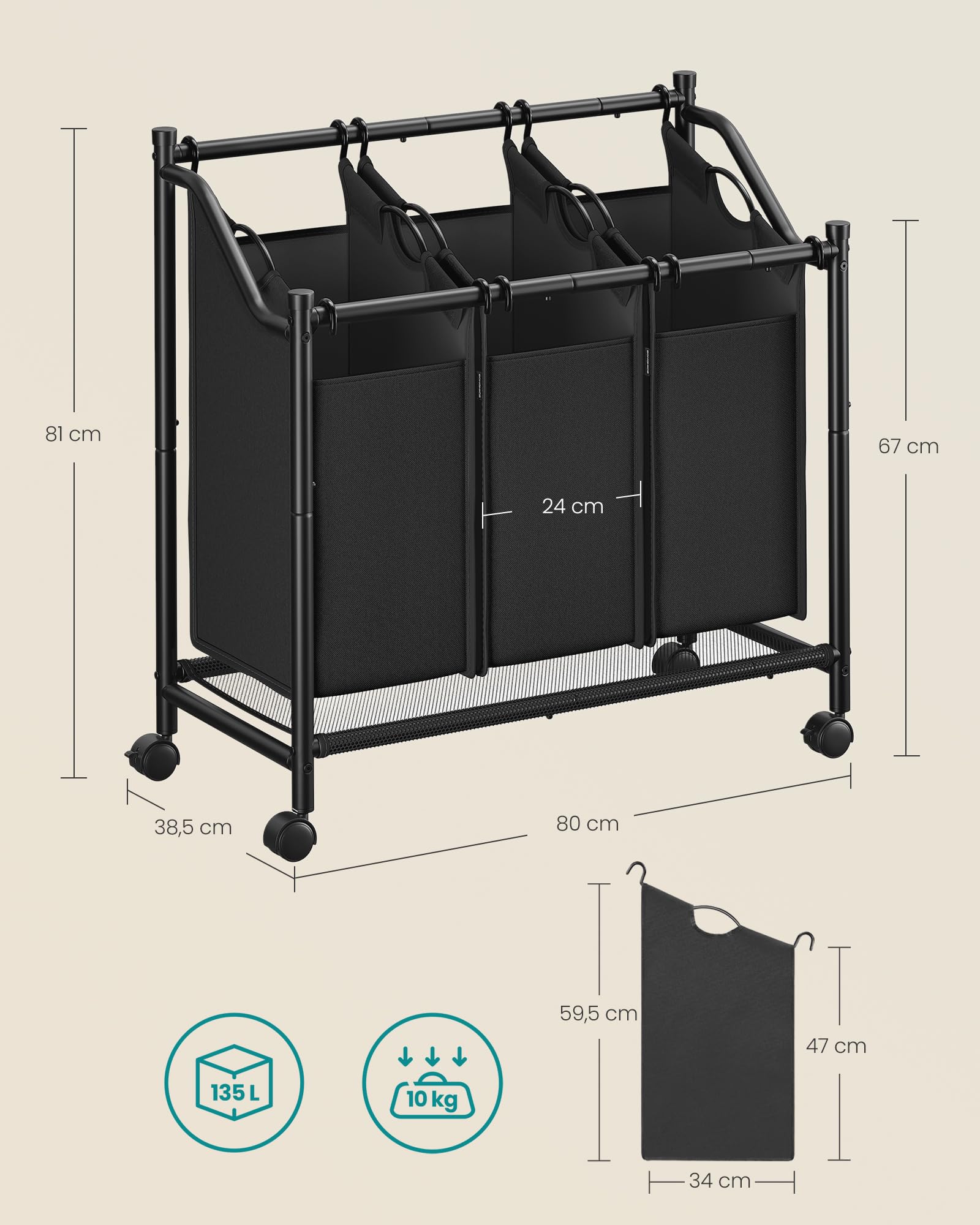 Songmics RLS102B01 carrello portabiancheria 3x45L nero con ruote