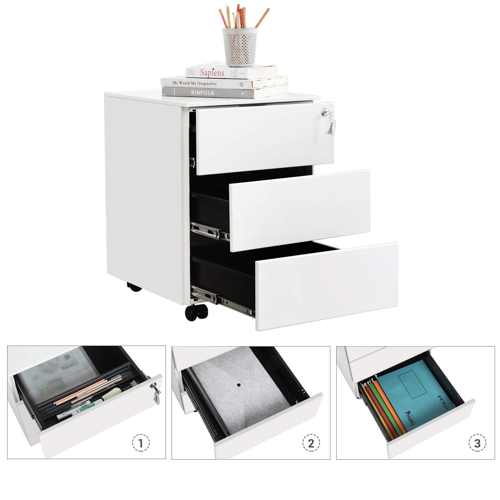 Songmics OFC63WT cassettiera ufficio 3 cassetti bianco con ruote