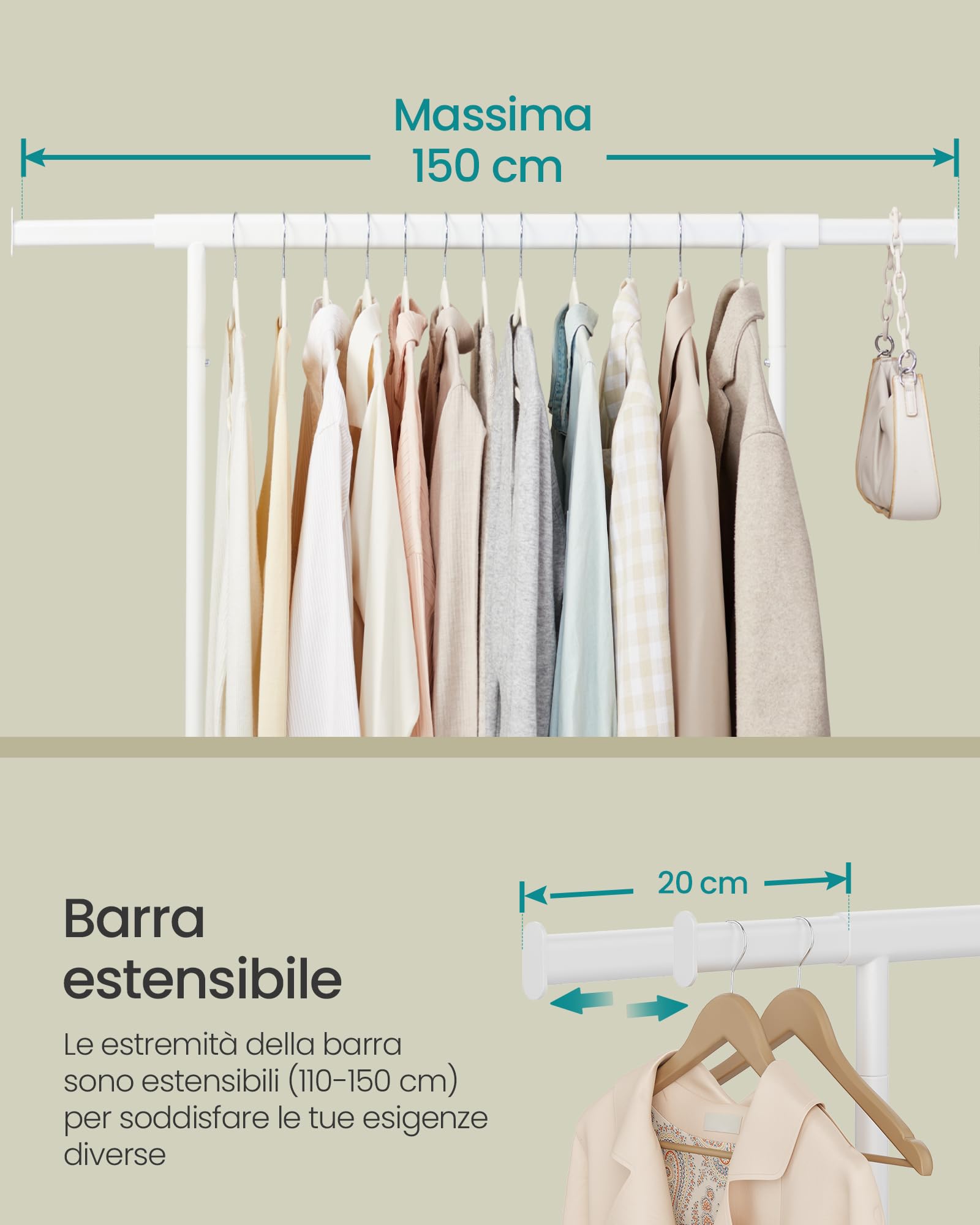 Songmics HSR011W01 Stand Appendiabiti Bianco Opaco 110-150 cm