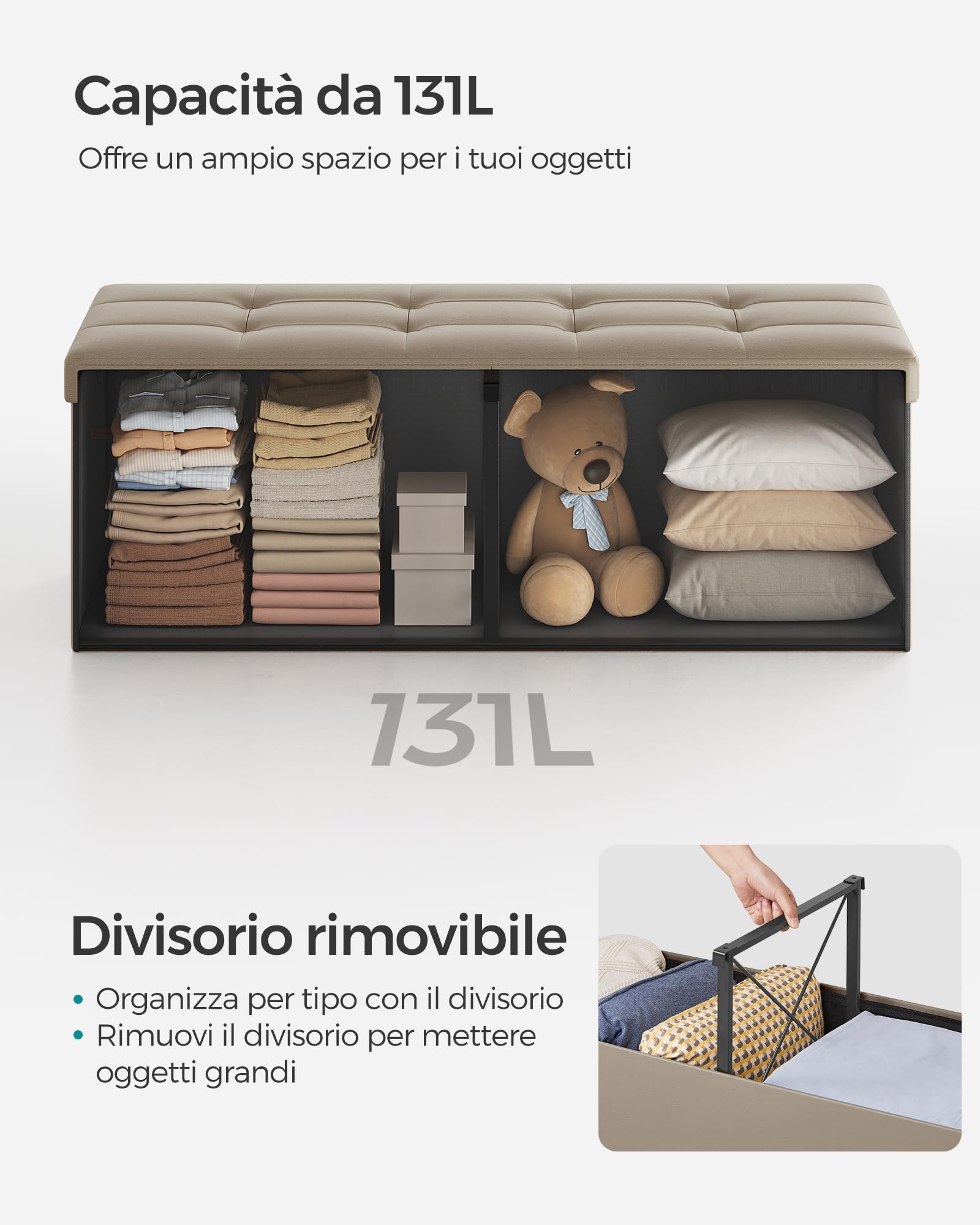 Songmics pouf contenitore pieghevole 131 litri tortora