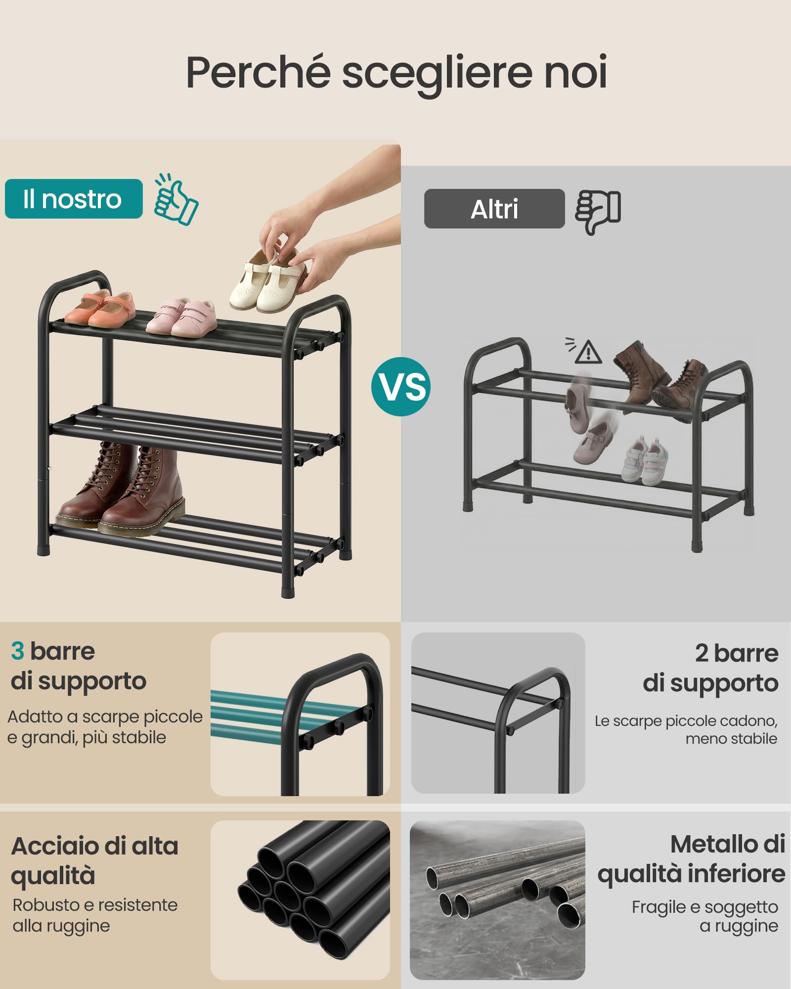 Songmics LMR026BD01 scarpiera espandibile 2 ripiani nera slim