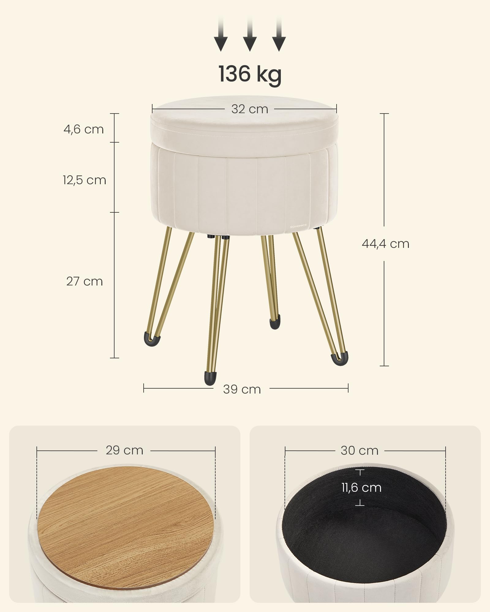 Songmics LOM003W01 sgabello contenitore Bianco Crema in velluto