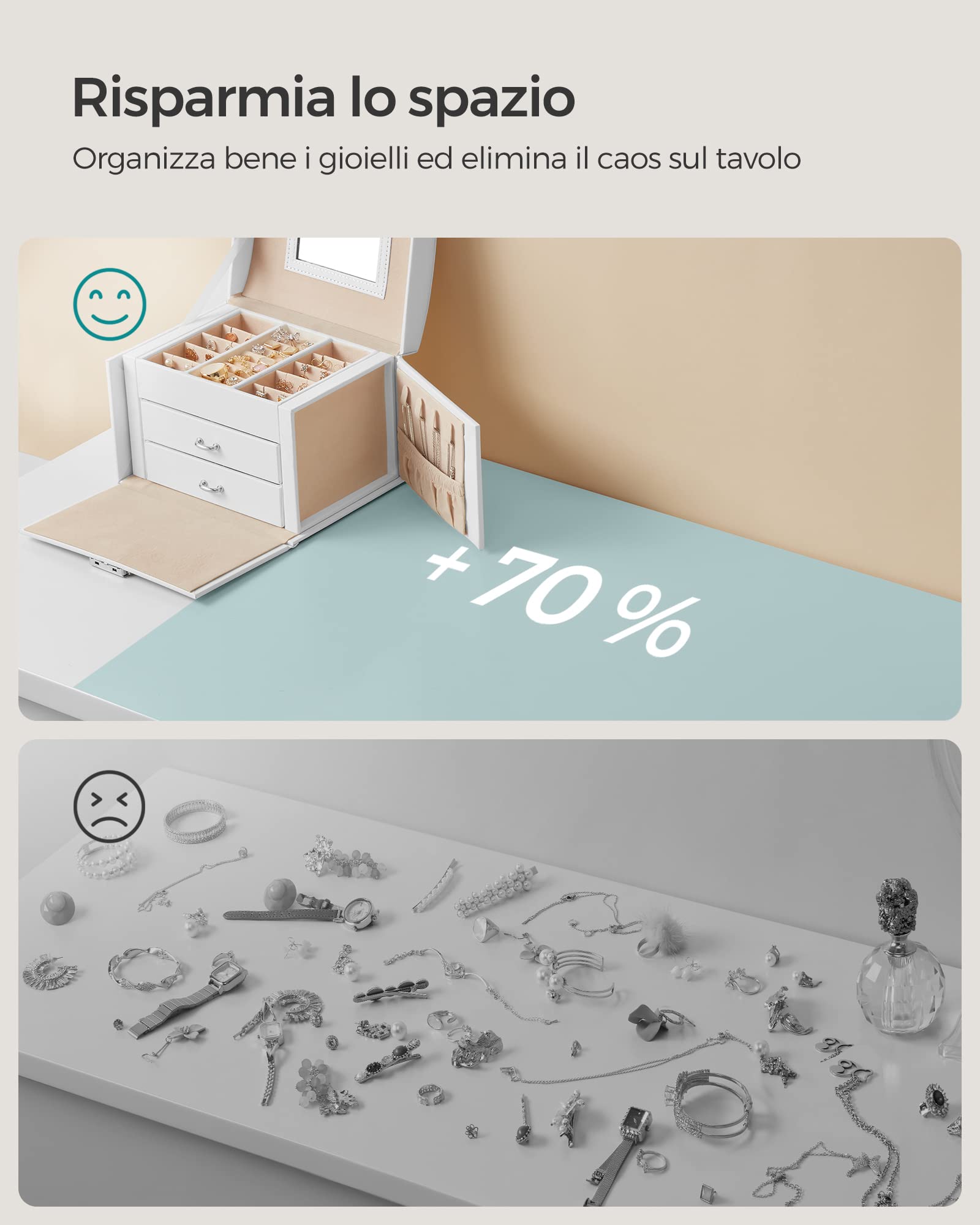 Songmics JBC154W01 scatola portagioie 3 livelli bianco con specchio