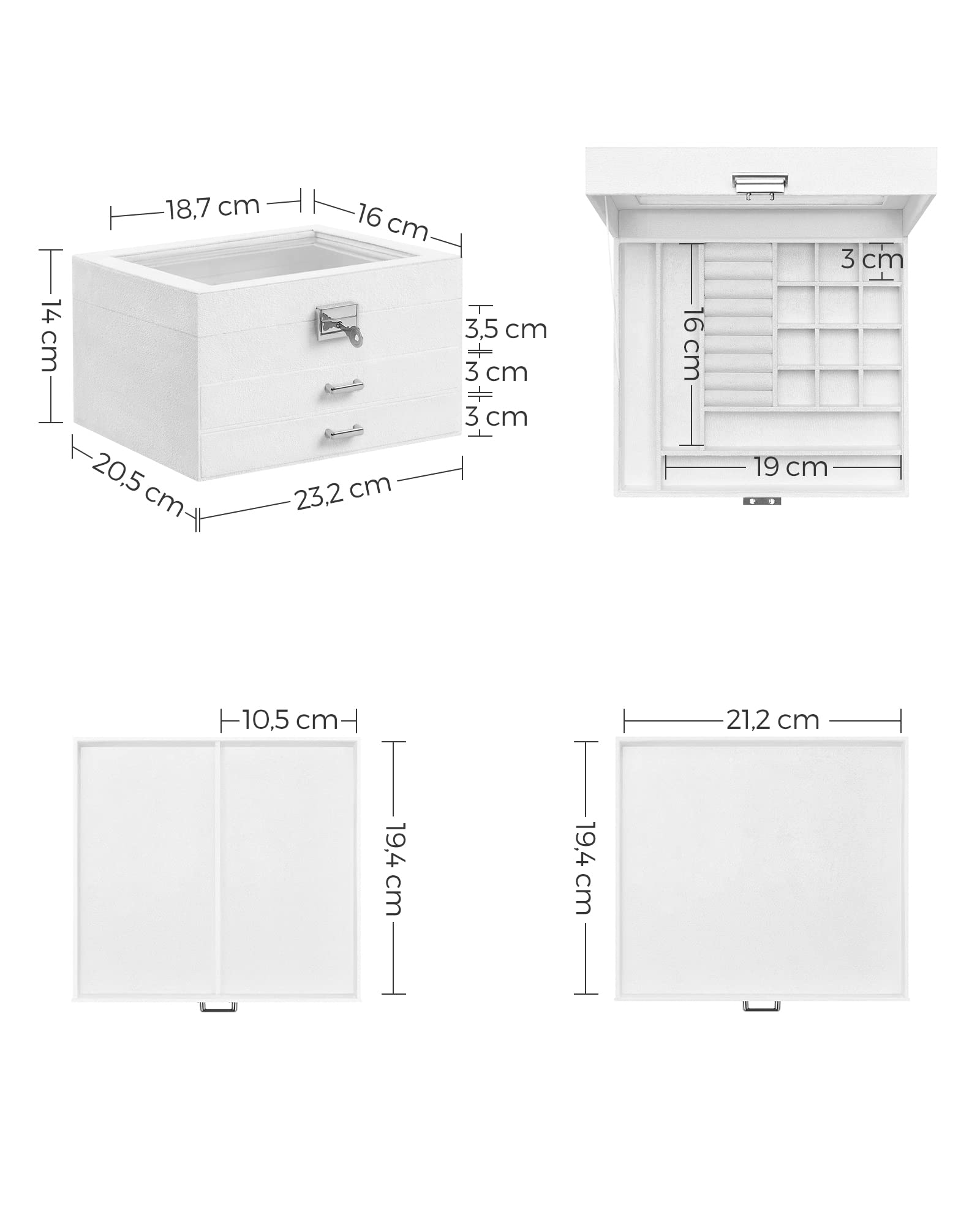 Songmics JBC158W01 scatola portagioie bianco con vetro