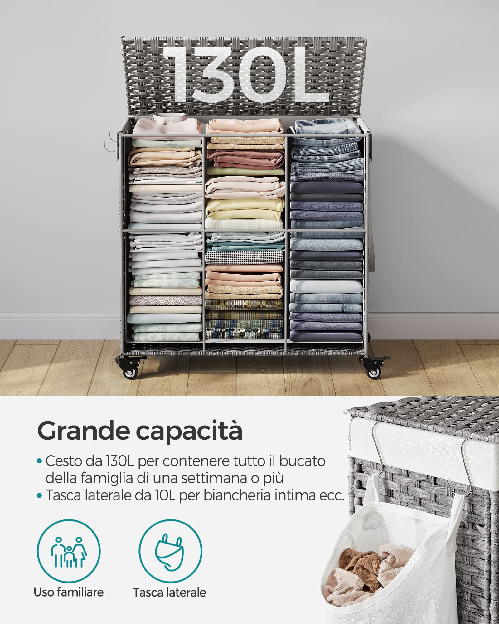 Songmics Cesto Portabiancheria 140L Grigio 3 Scomparti con Ruote