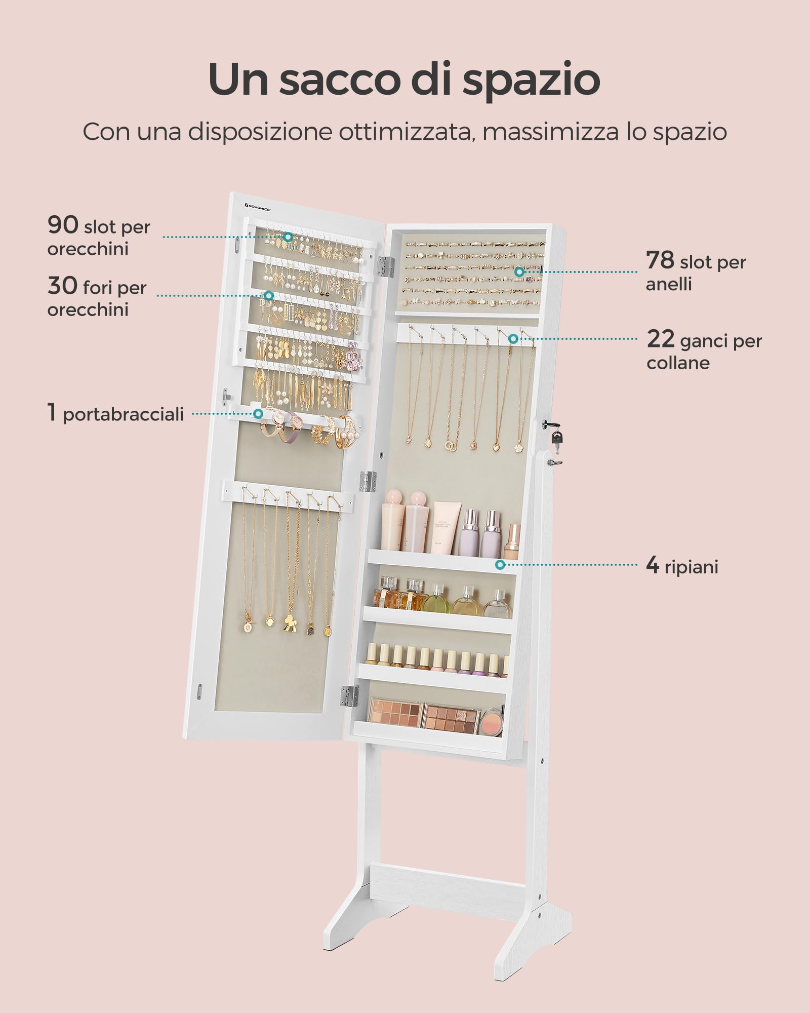 Songmics JJC069W02 specchio portagioie terra bianco con serratura