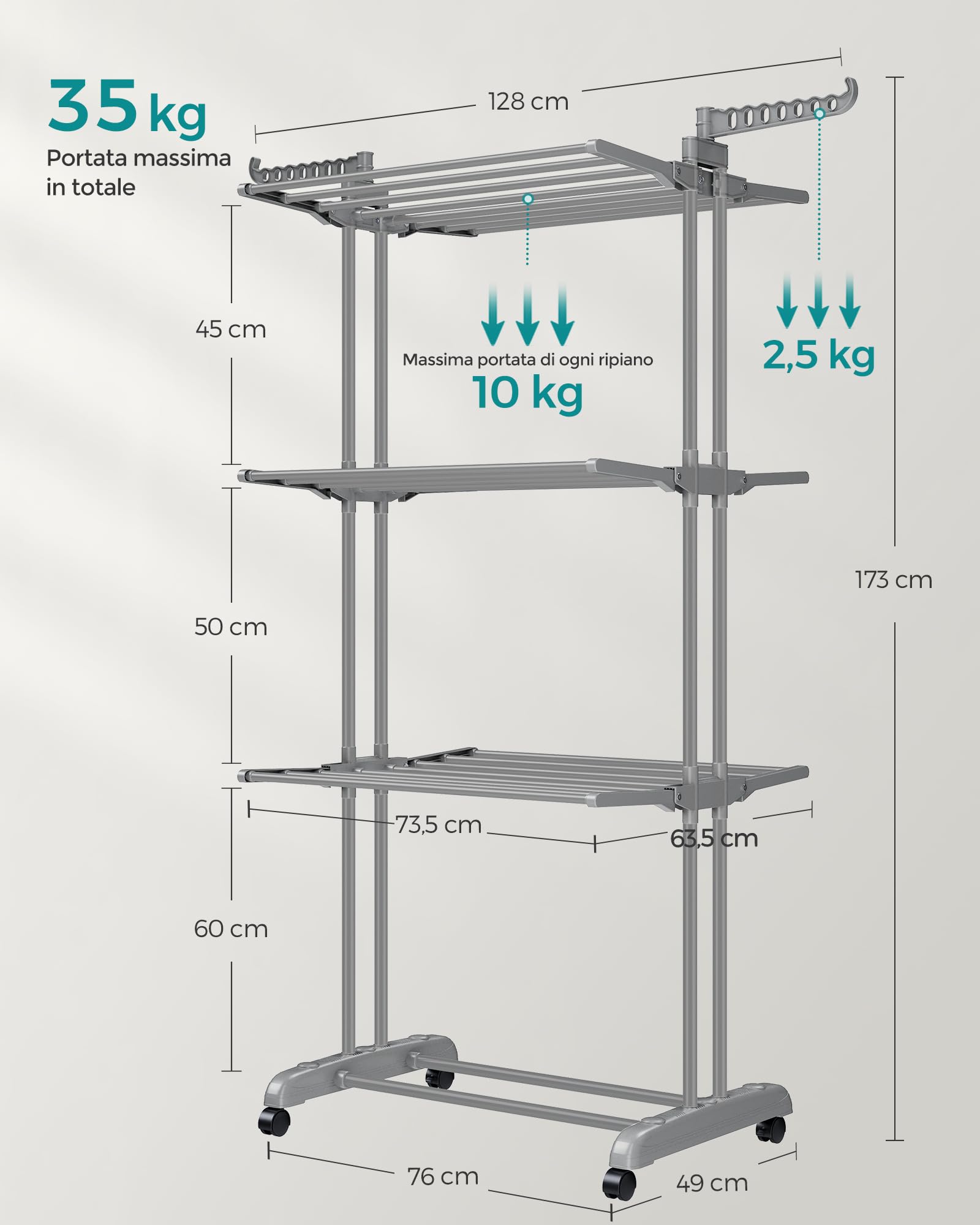 Songmics LLR701G01 stendibiancheria 4 livelli grigio con ruote