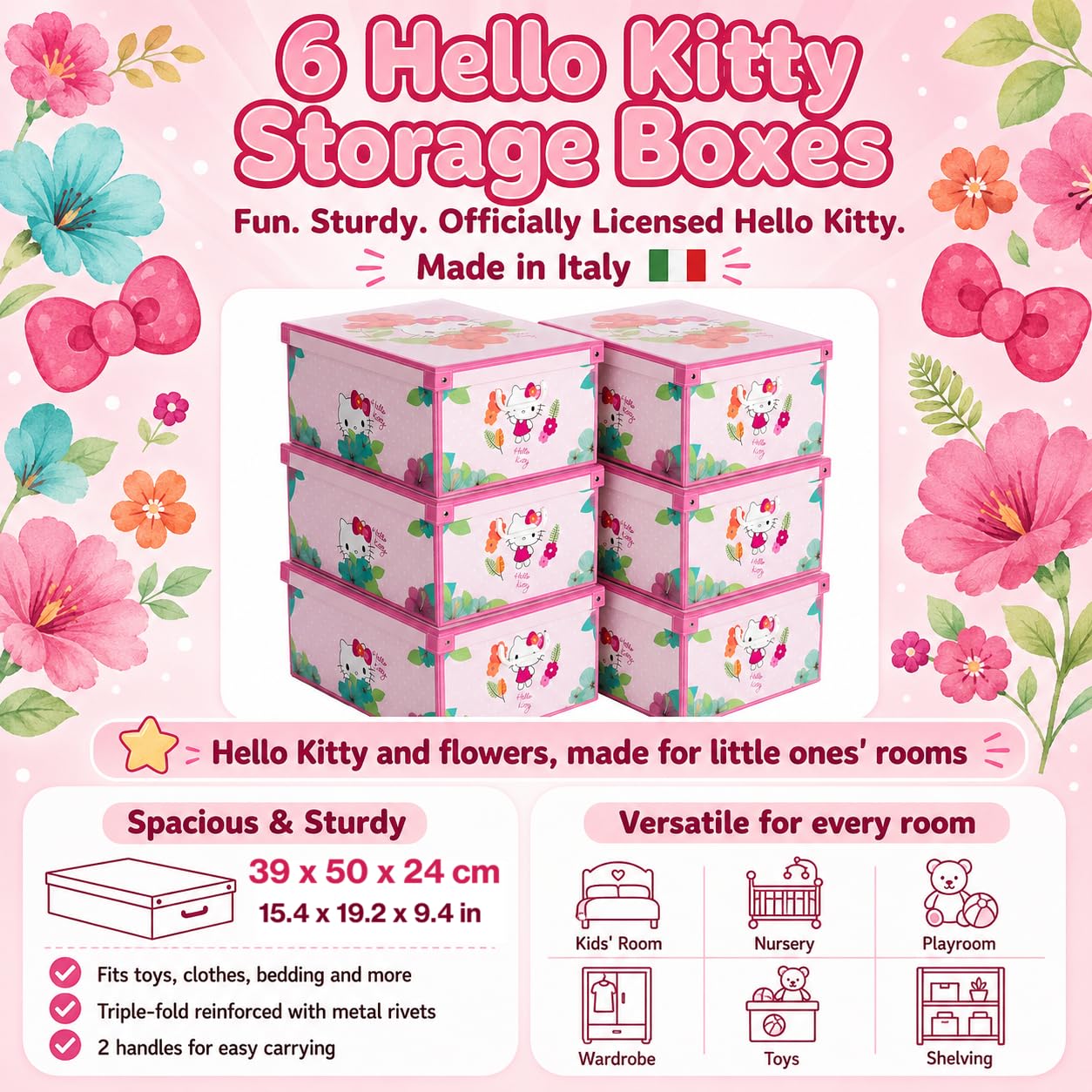 Lavatelli Set 6 Scatole Armadio 39x50x24 cm Hello Kitty Cartone