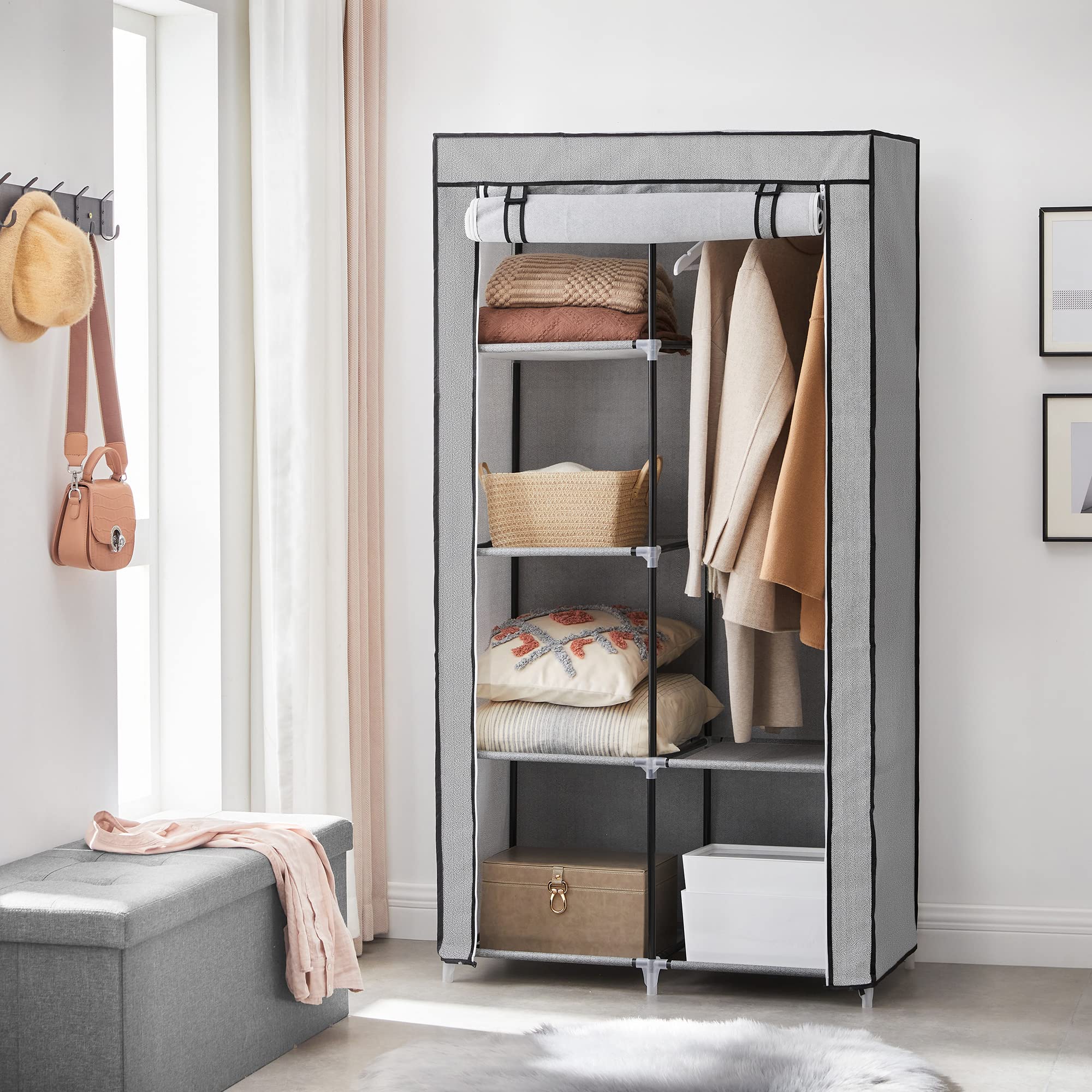 Songmics guardaroba tessuto 45x88x168 cm grigio con asta appendiabiti