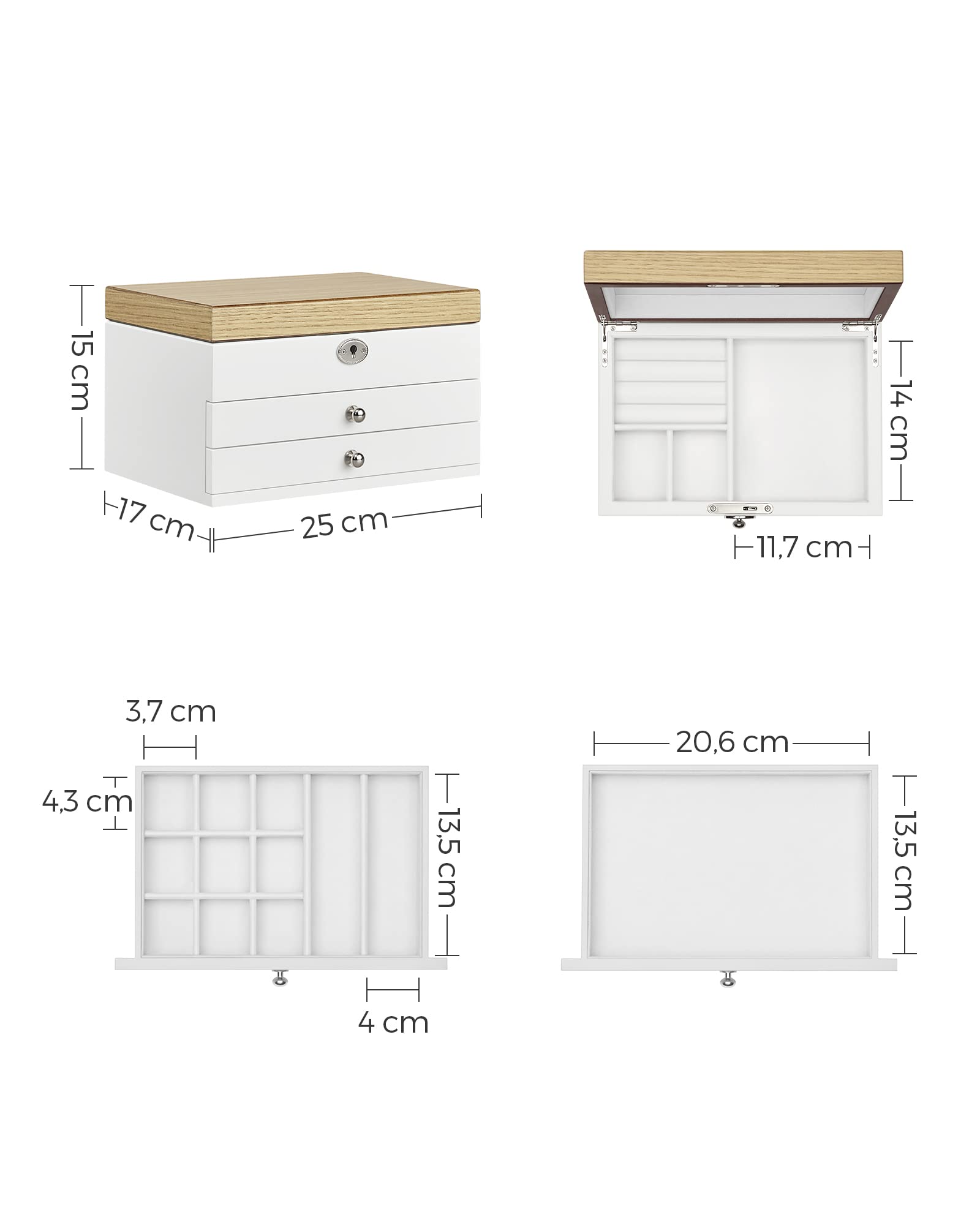 Songmics JOW15WN scatola portagioie bianco legno con specchio