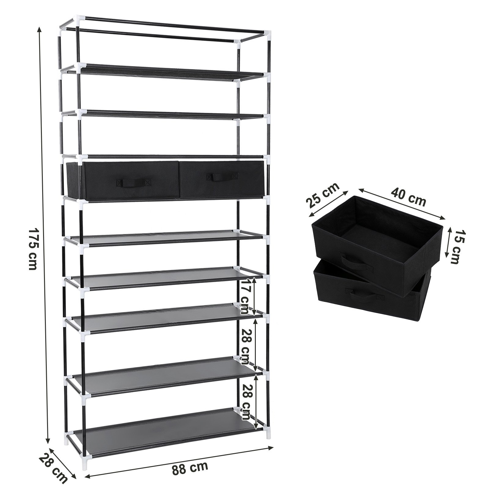 Songmics RXA10H scarpiera 10 ripiani nero 88x28x175 cm antipolvere