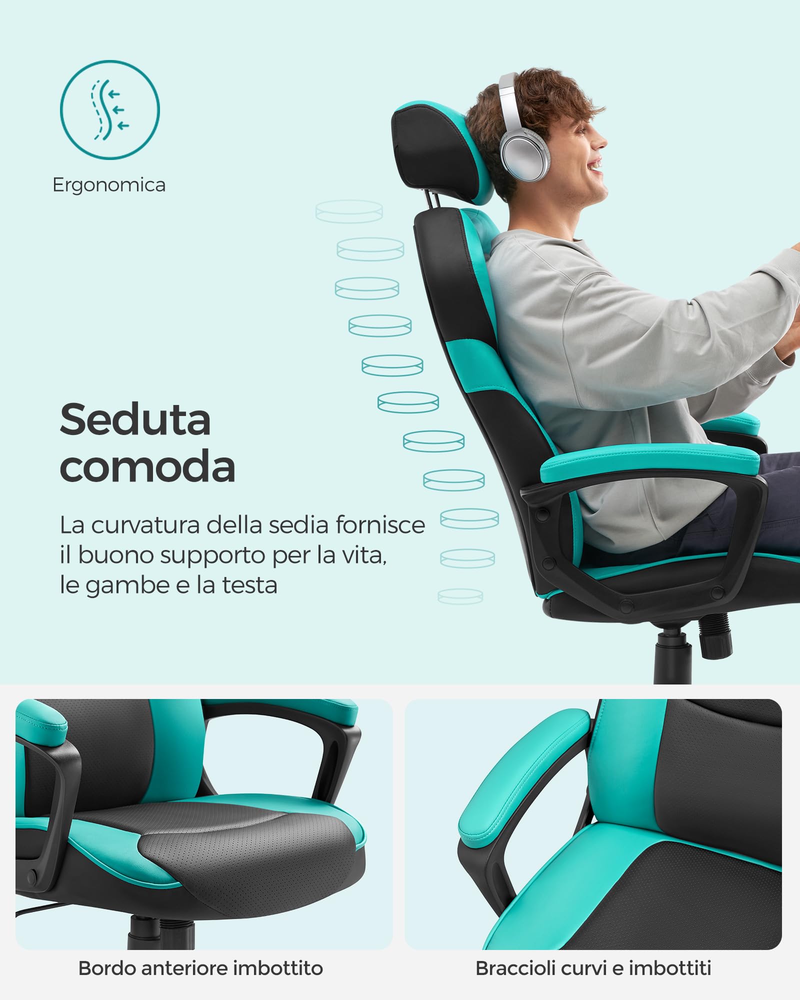 Songmics OBG066Q01 sedia ufficio blu acqua traspirante 150 kg