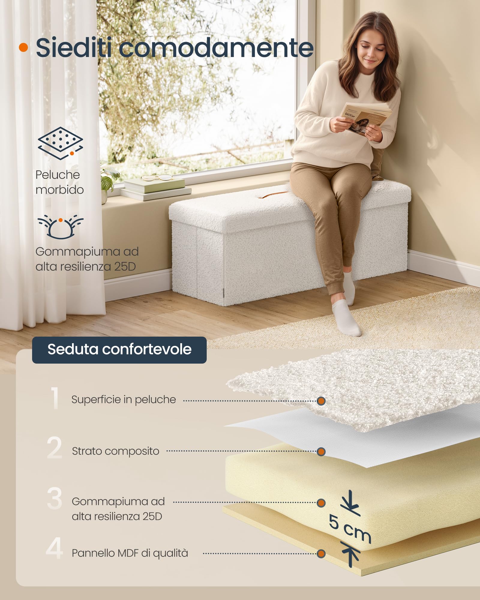 Songmics LSF097W01V1 pouf contenitore bianco crema 110 cm
