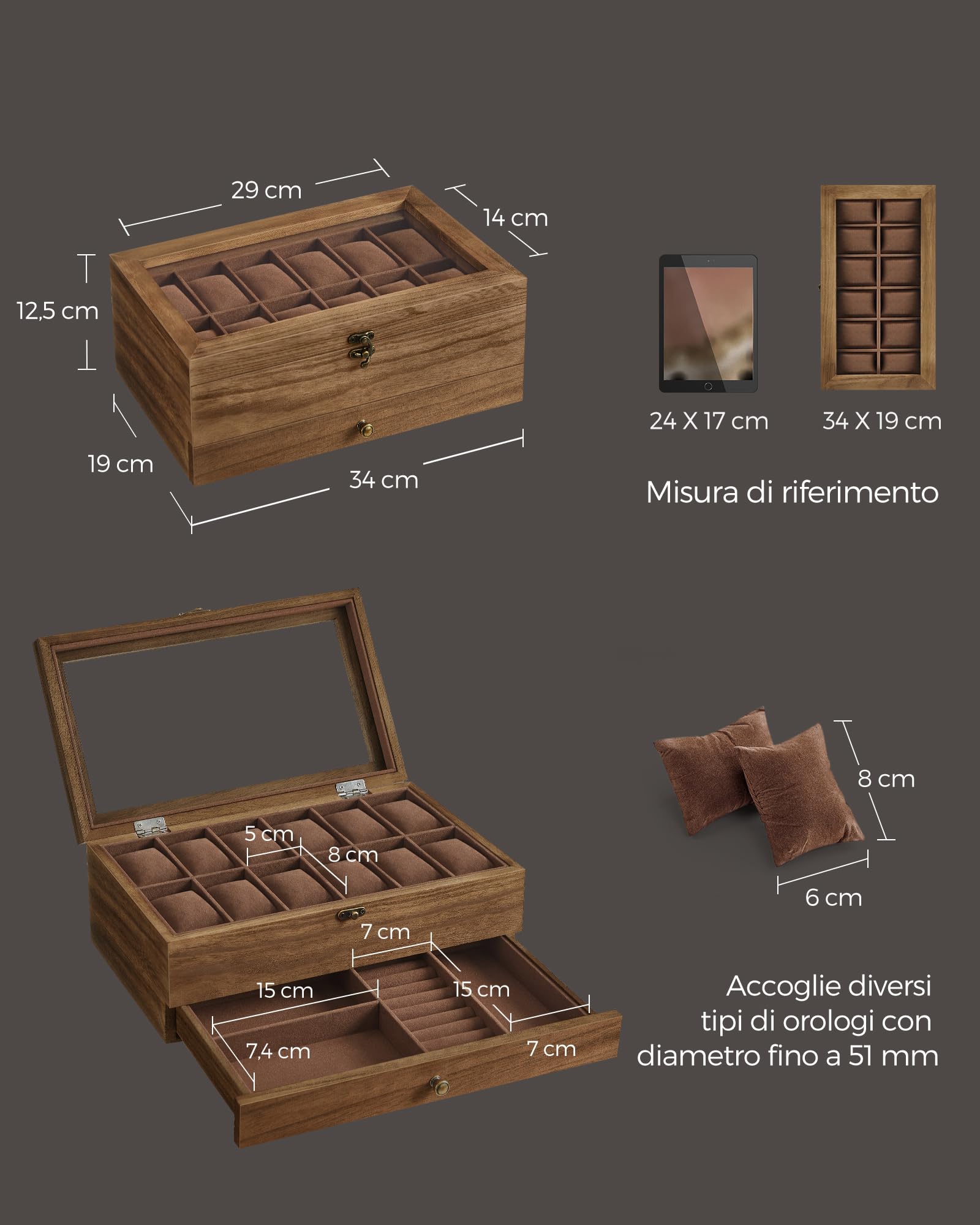 Songmics JOW012K01 scatola portaorologi 12 scomparti noce rustico