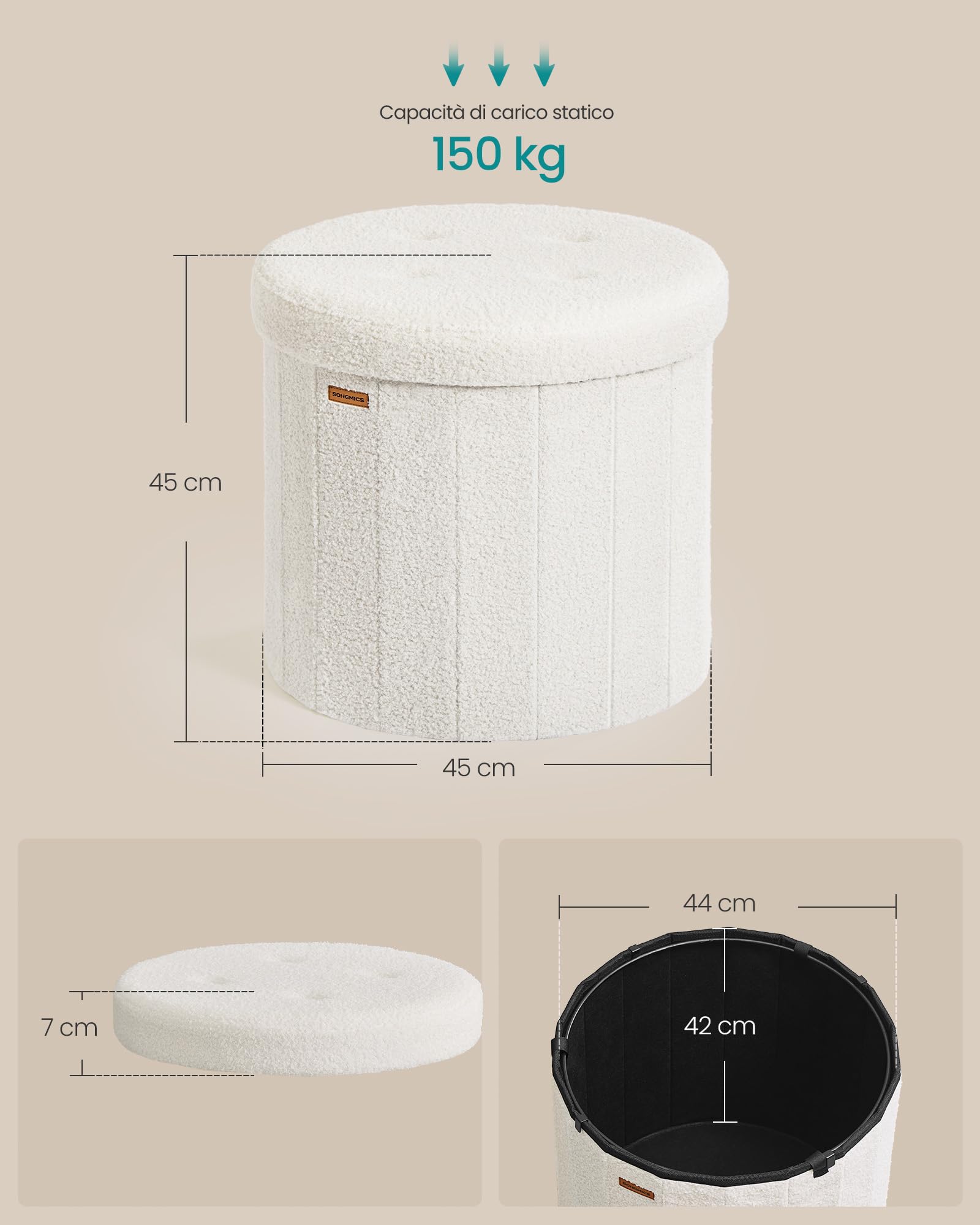 Songmics Mazie LSF606W01 pouf contenitore rotondo bianco crema