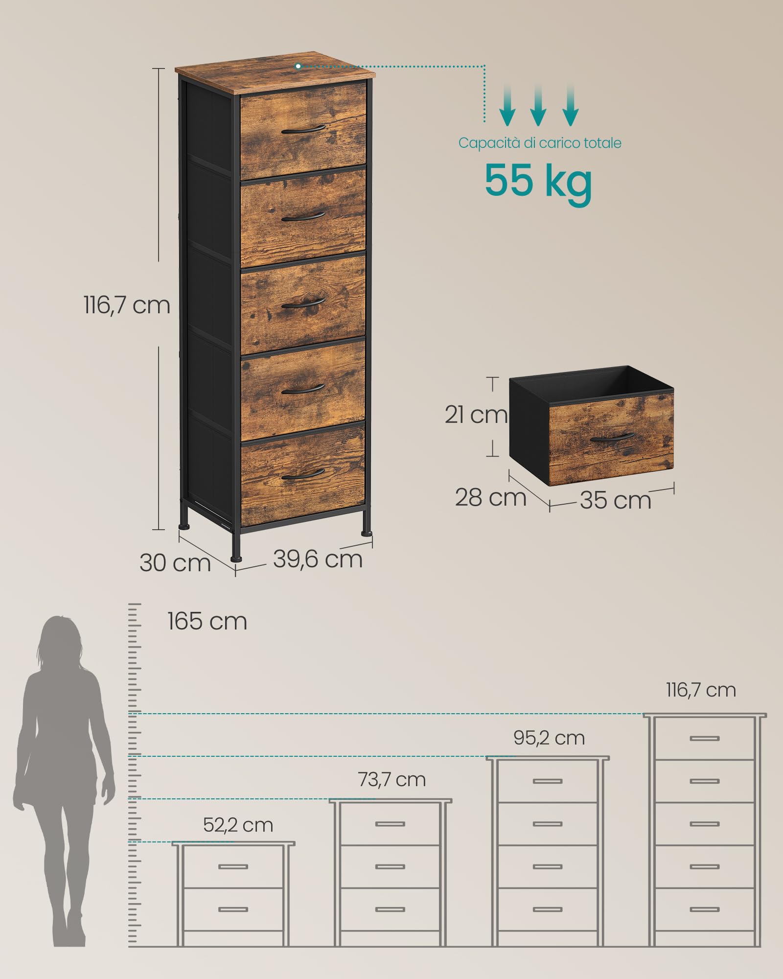 Songmics Bellah LGS315BH04 cassettiera 5 cassetti marrone 80cm