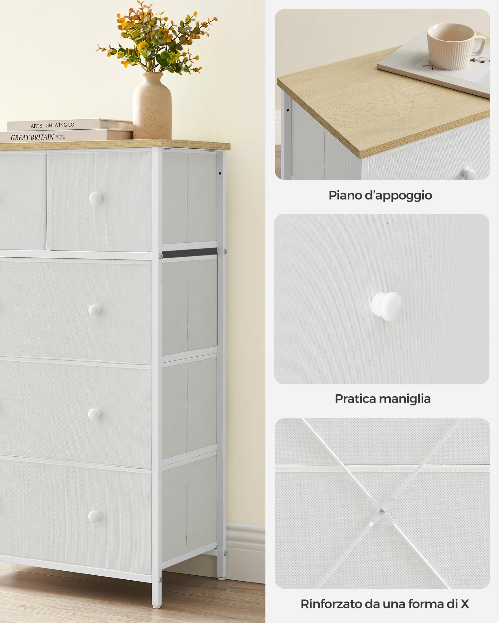 Songmics Bellah LTS514WH01 cassettiera 5 cassetti bianco rovere