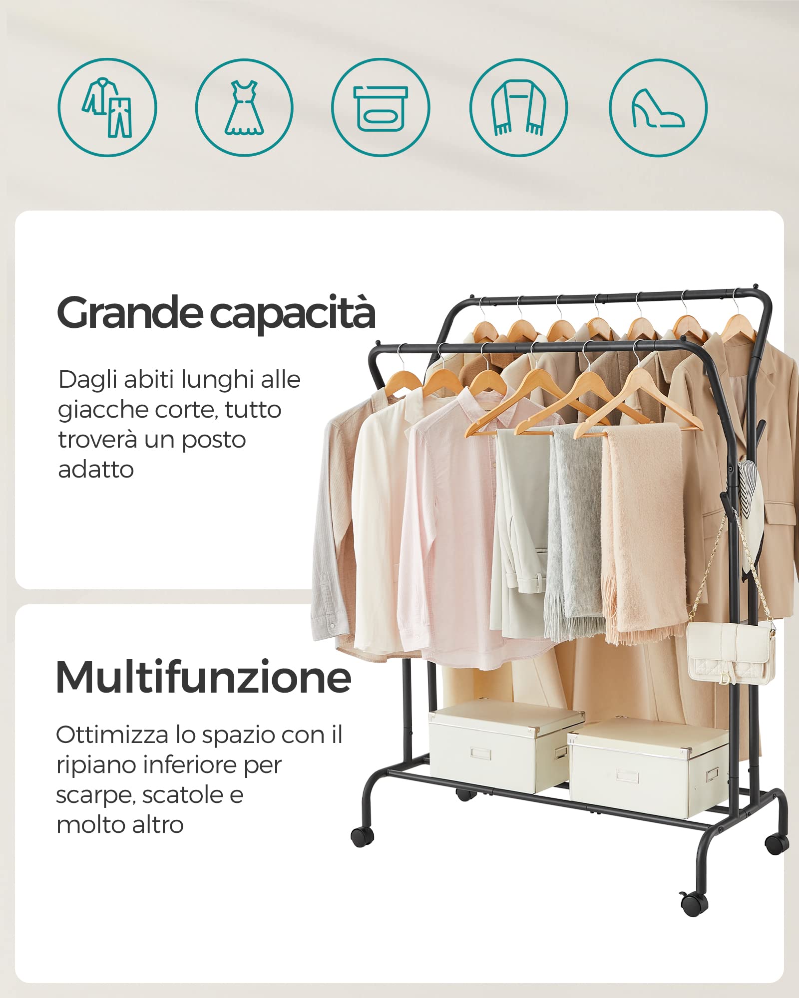 Songmics HSR107B01 Stand Appendiabiti Doppio Nero 103,5 cm