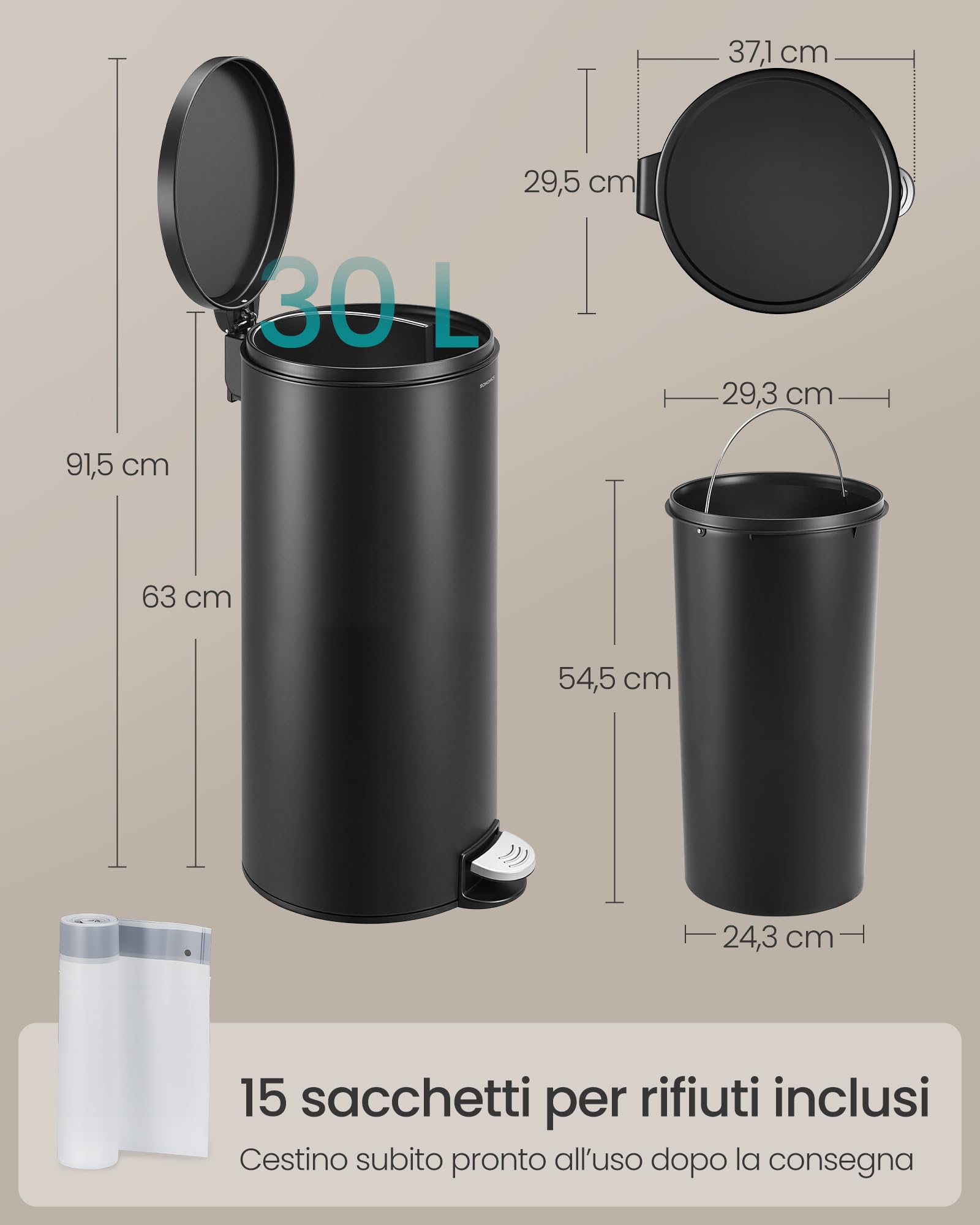 Songmics LTB031BZ02 pattumiera rotonda 30 L nero inchiostro acciaio