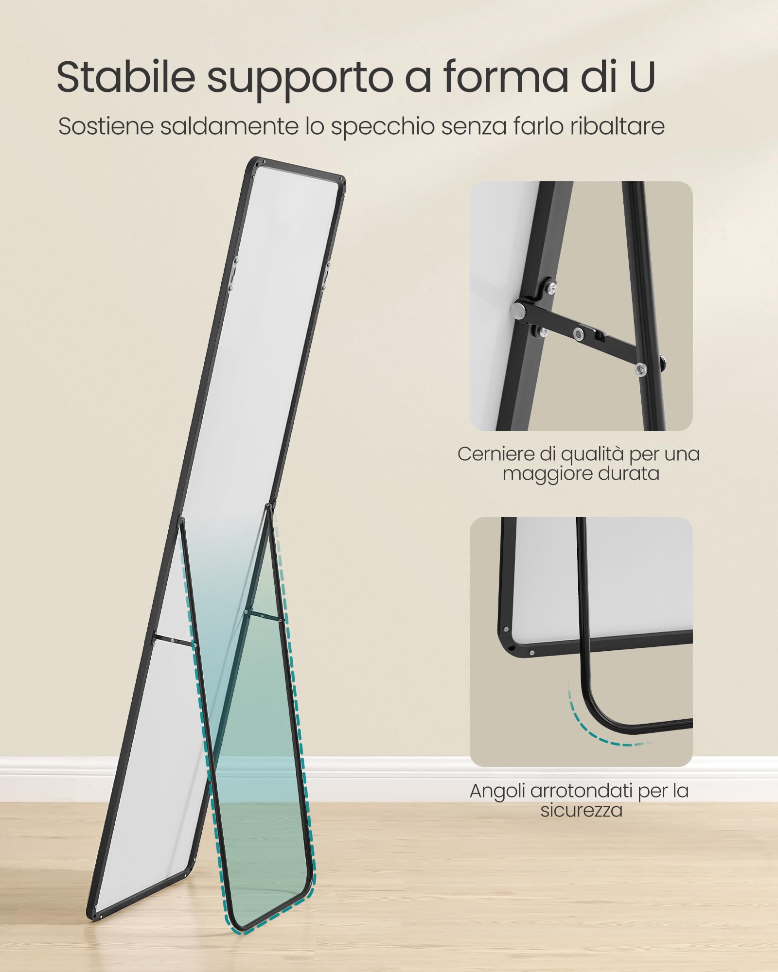 Songmics specchio figura intera rettangolare 160x50 cm nero vetro temperato