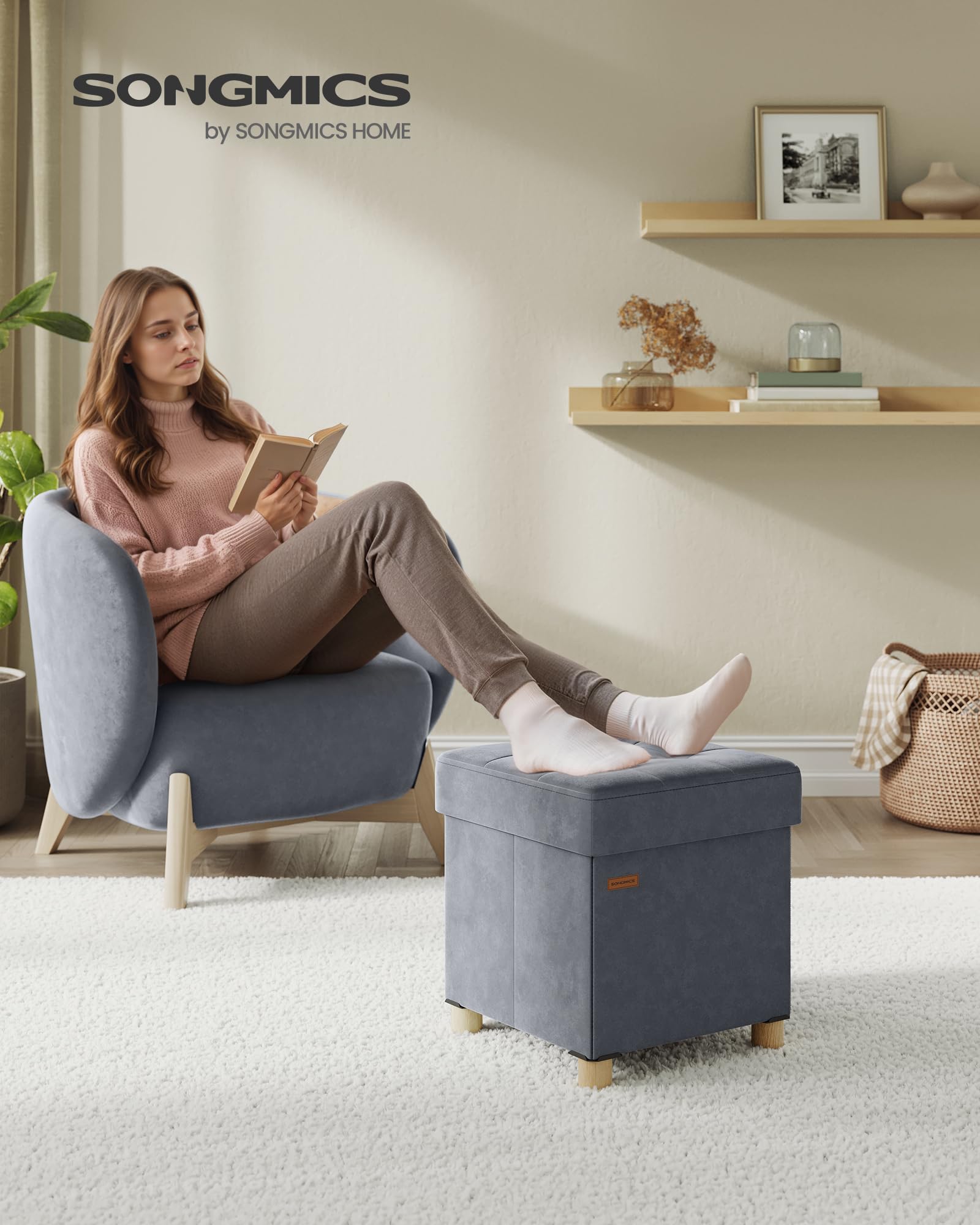 Songmics LSF0516G01 Pouf Contenitore 37 L Grigio Ardesia in Velluto