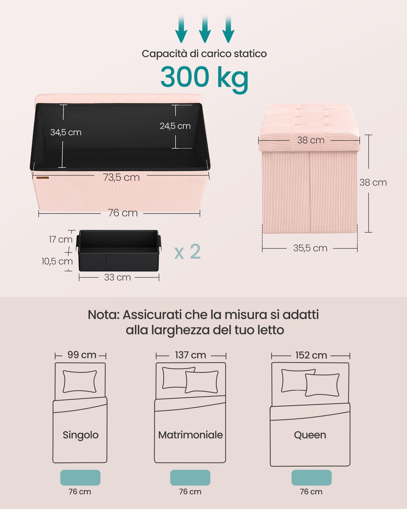 Songmics LSF603R01 pouf contenitore 76 cm rosa pieghevole