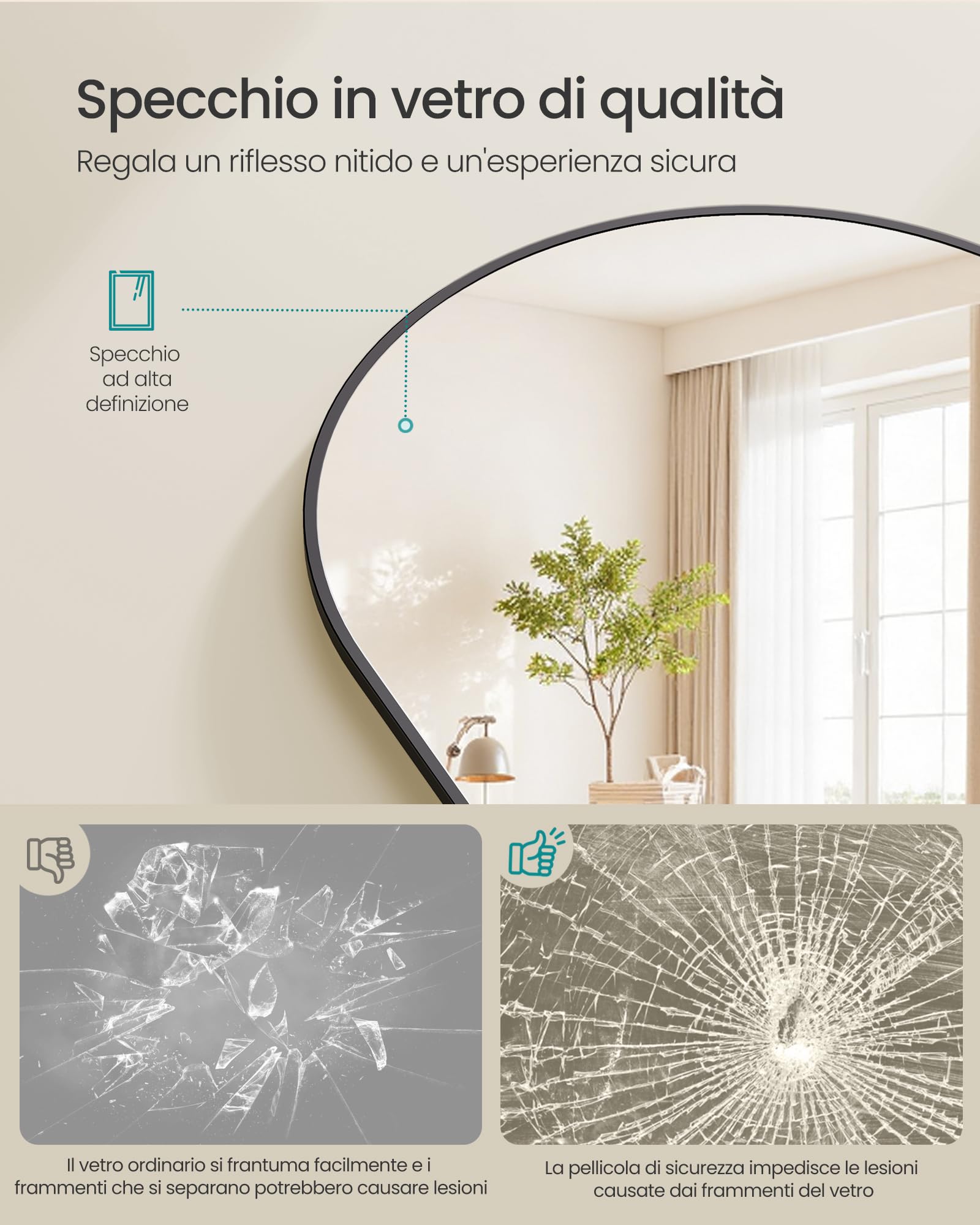 Songmics LFM051BD01 Specchio Intero Arco 160x50 Nero Vetro