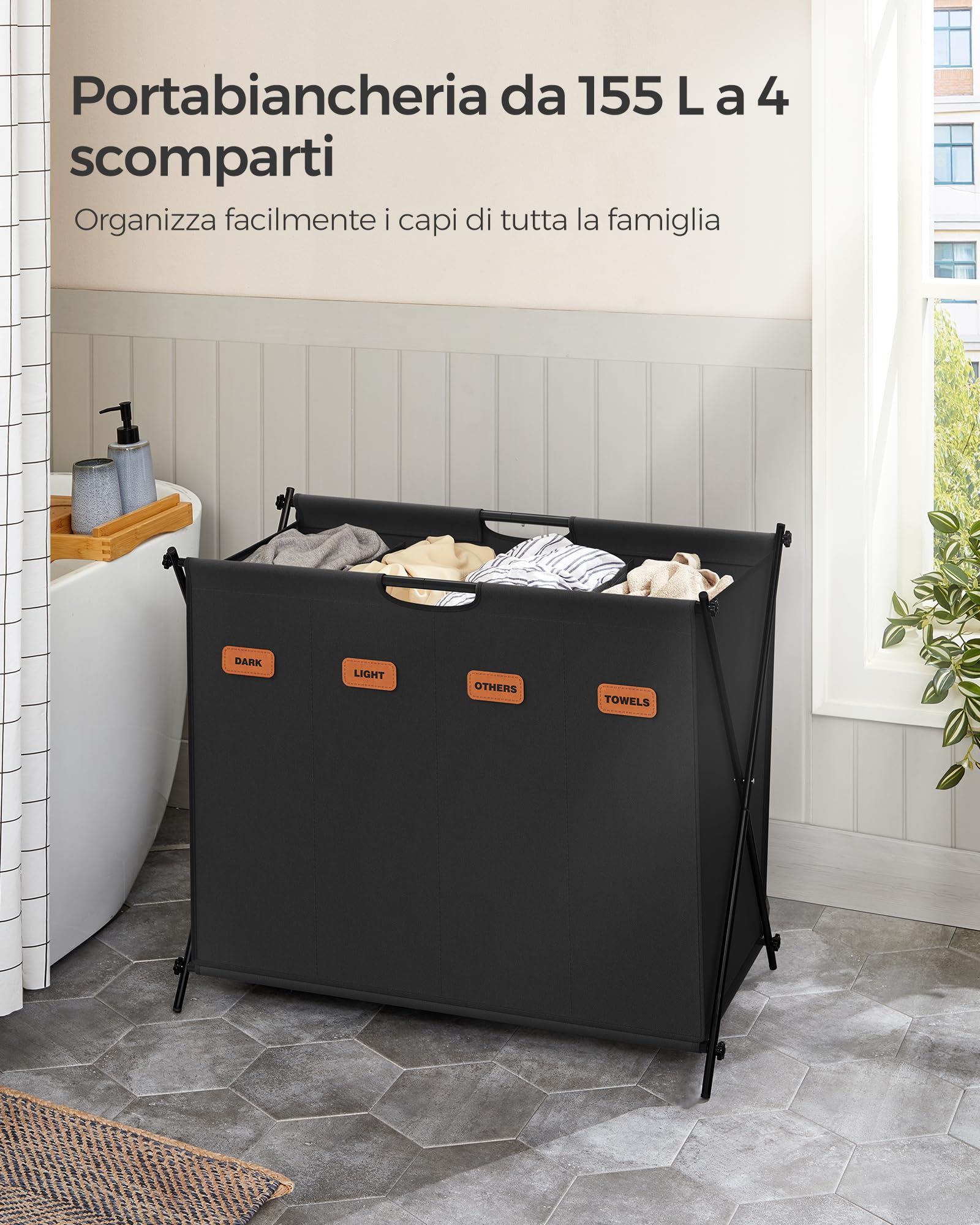 Songmics LCB140B01 cesto portabiancheria 155L nero 4 scomparti