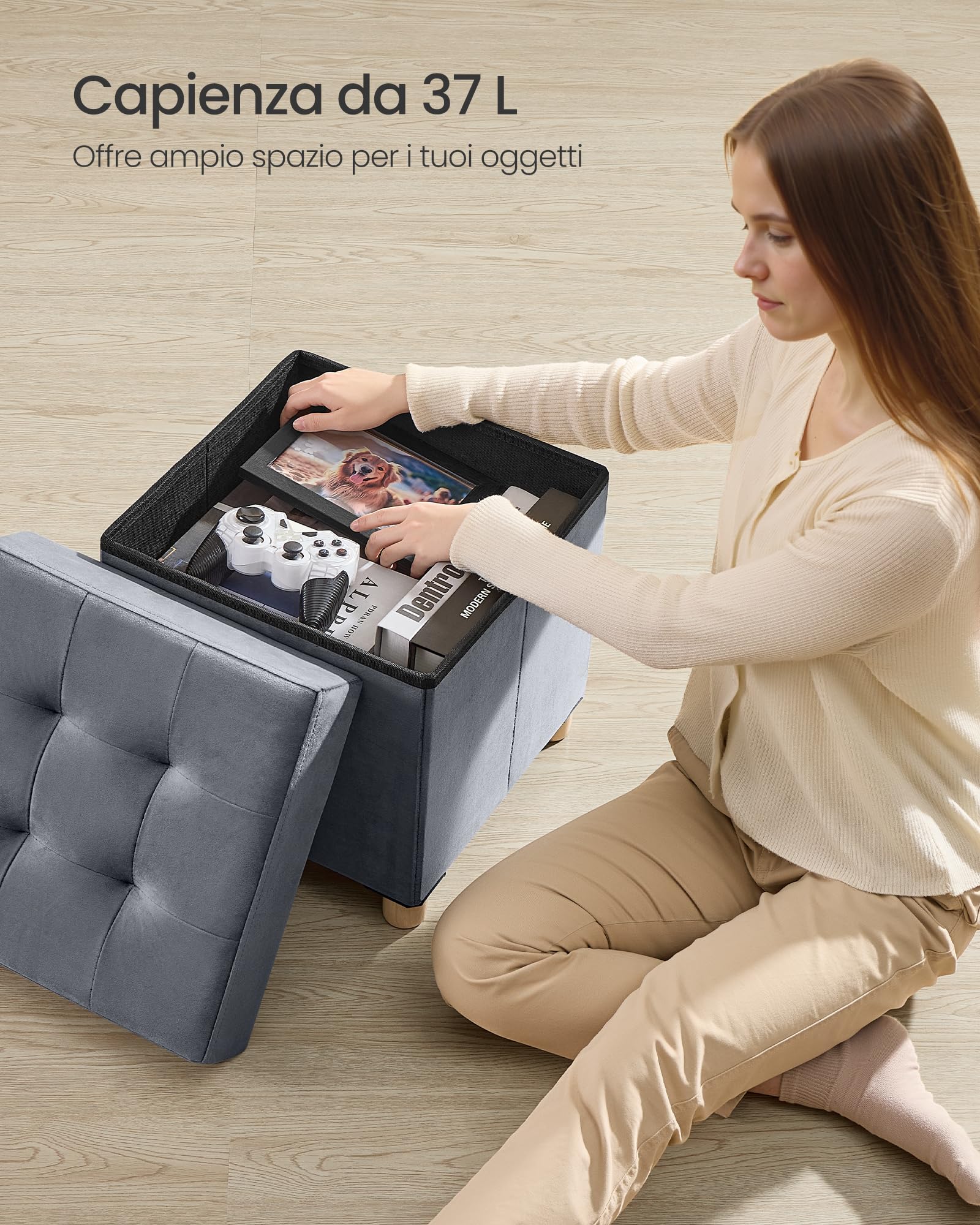 Songmics LSF0516G01 Pouf Contenitore 37 L Grigio Ardesia in Velluto