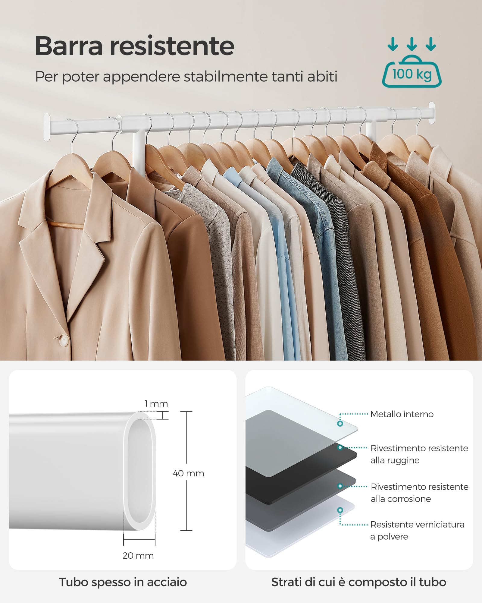 Songmics HSR013W01 stand appendiabiti bianco con ruote 100 kg