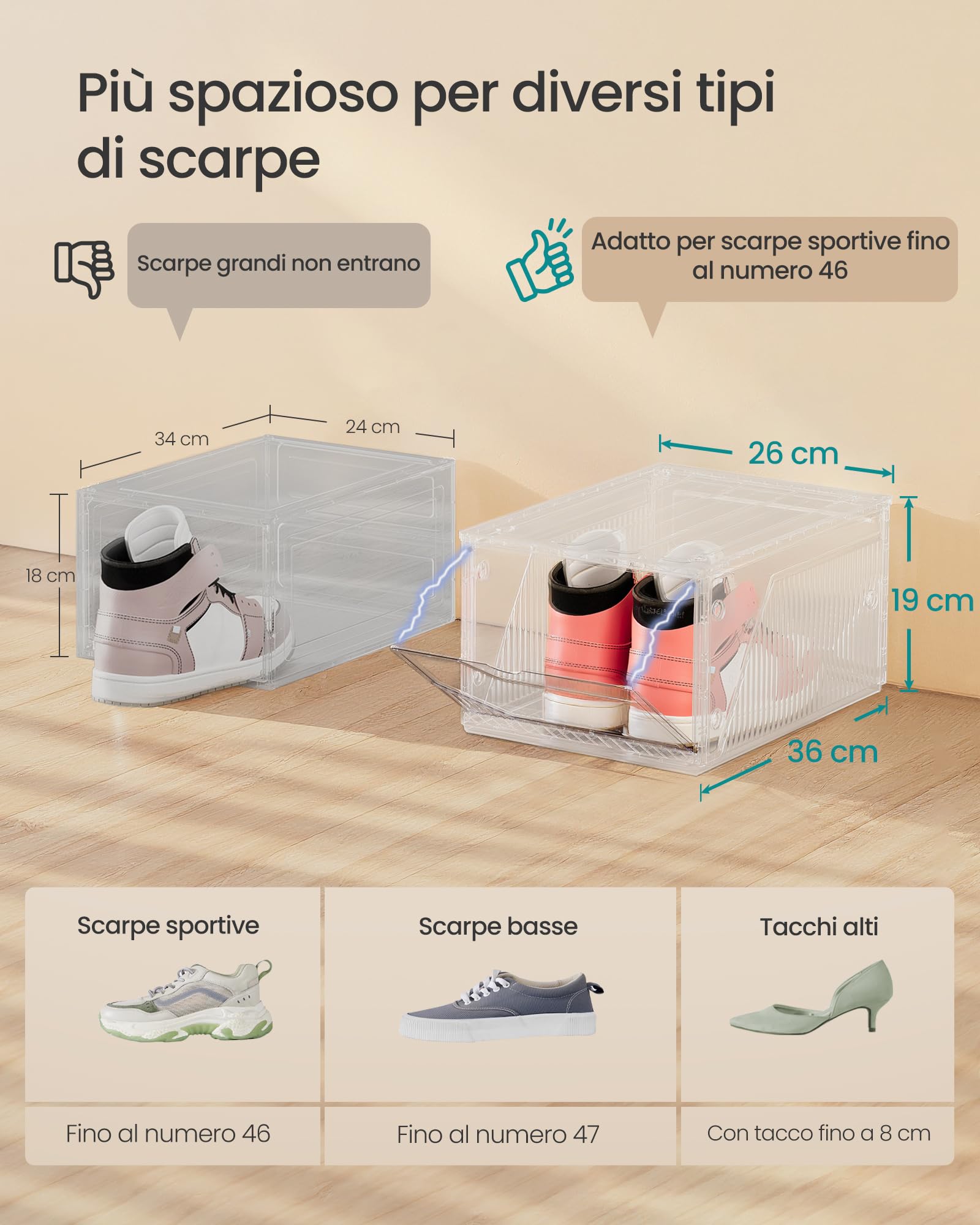 Songmics LSP806WH01 set 6 scatole scarpe taglia 46 trasparente