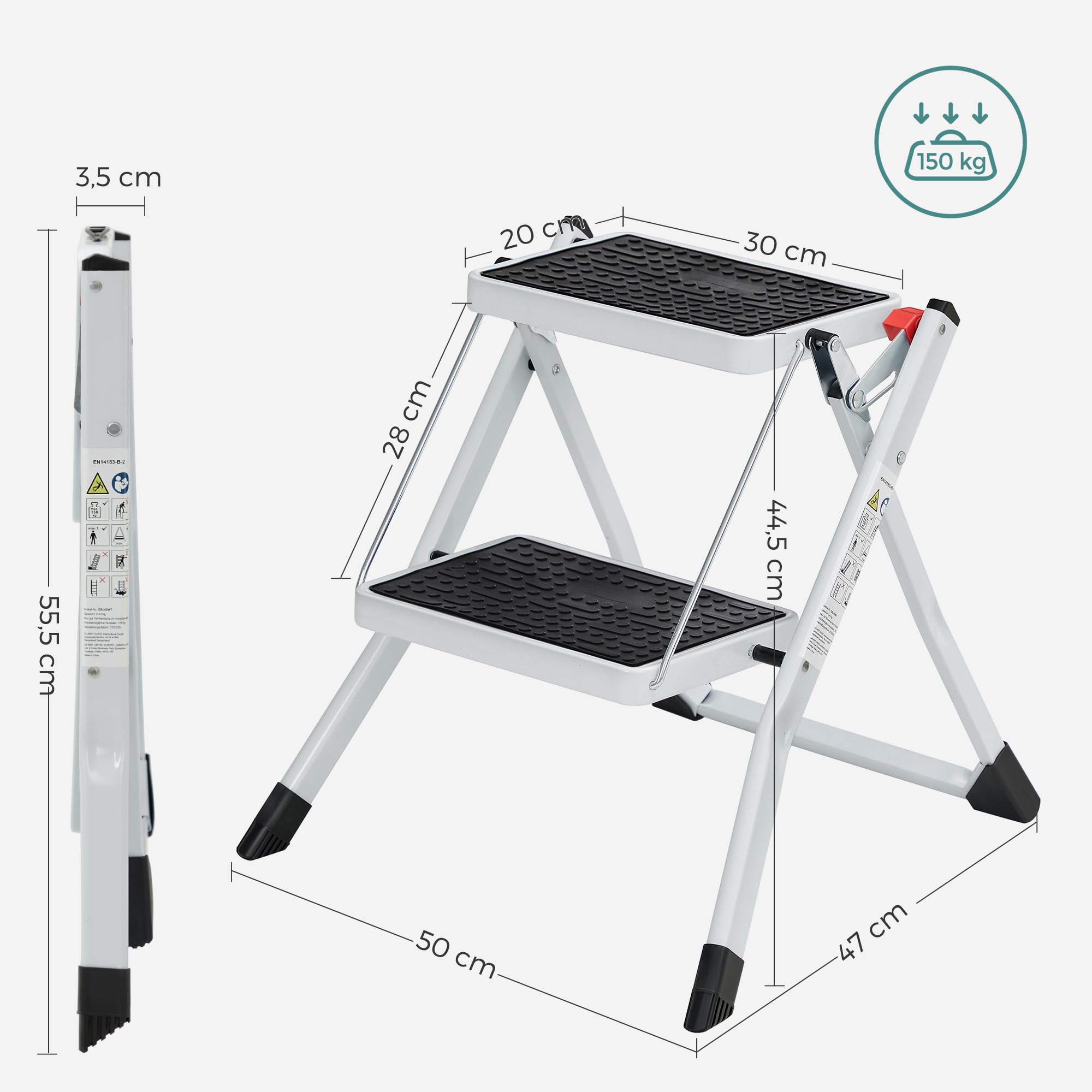 Songmics GSL02WT scaletta 2 gradini acciaio bianco nero