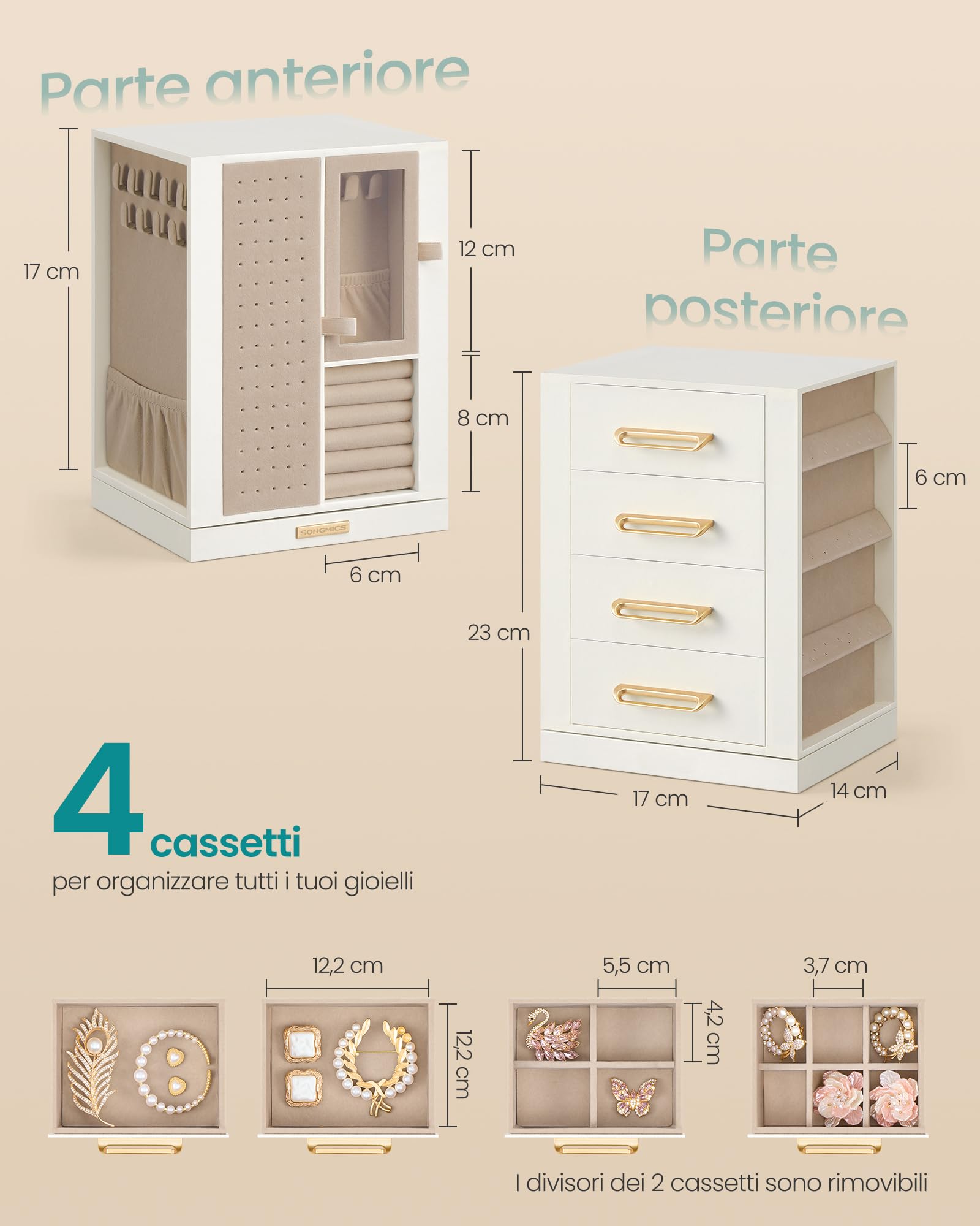 Songmics JBC211WD01 portagioie girevole bianco crema 4 cassetti