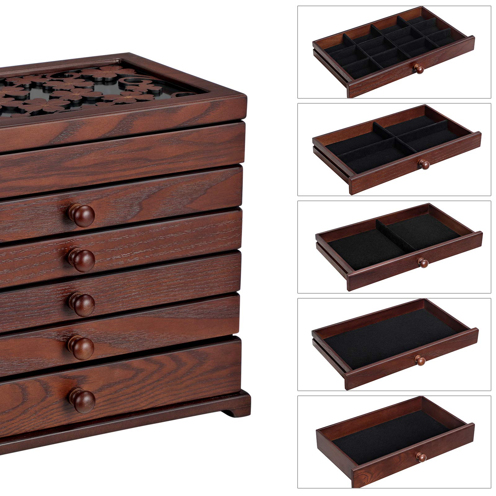 Songmics JBC56W Scatola Portagioie Legno Marrone 6 Livelli Velluto