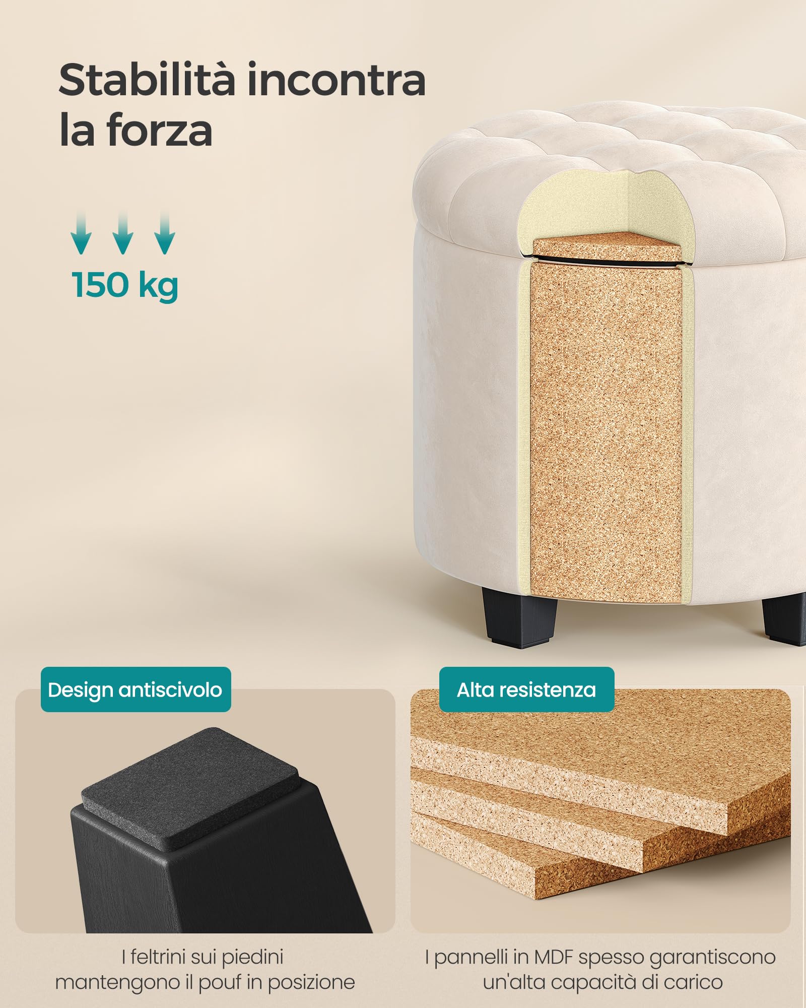 Songmics LOM012W01 pouf contenitore bianco crema 45 cm velluto