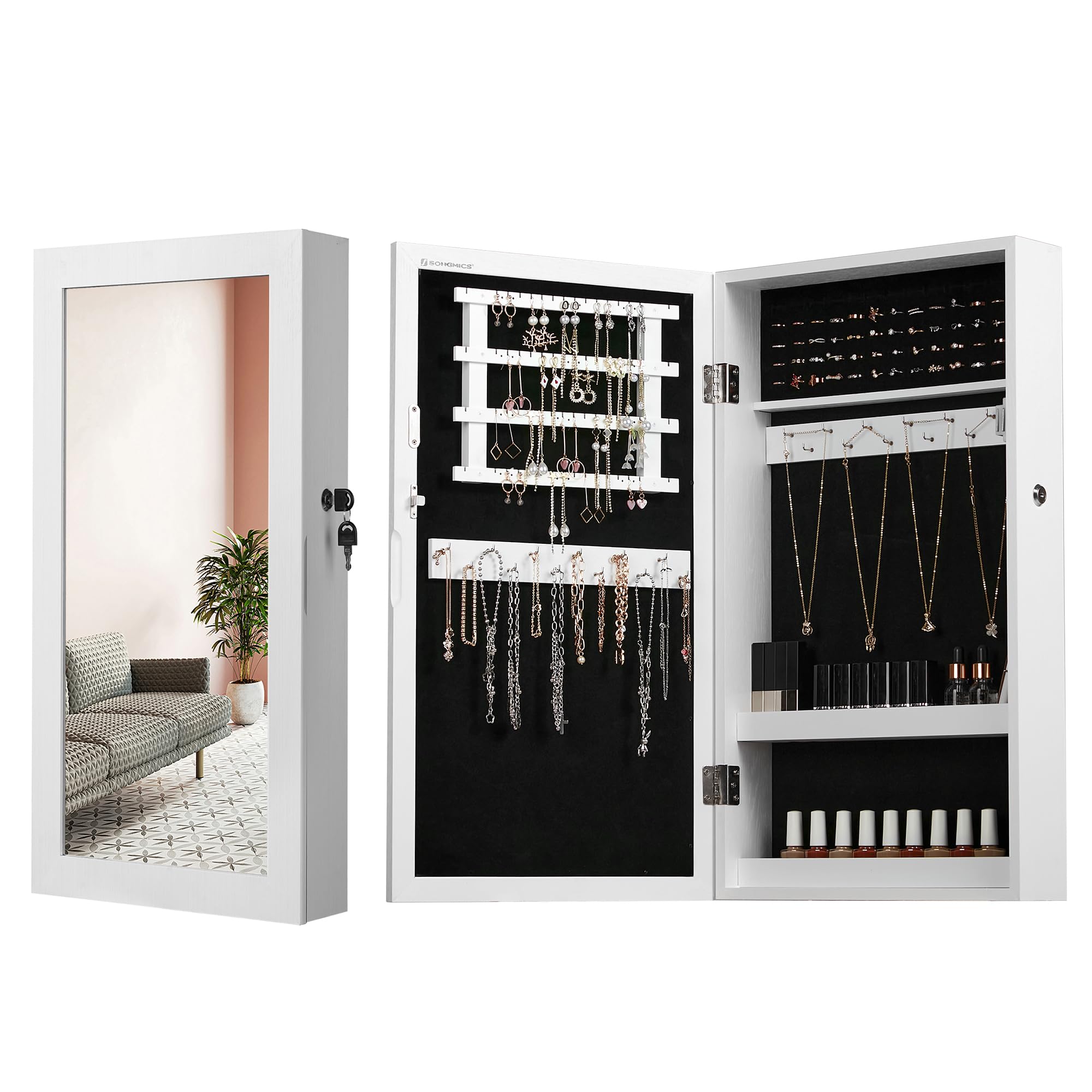 Songmics JBC51W armadietto portagioie specchio bianco nero