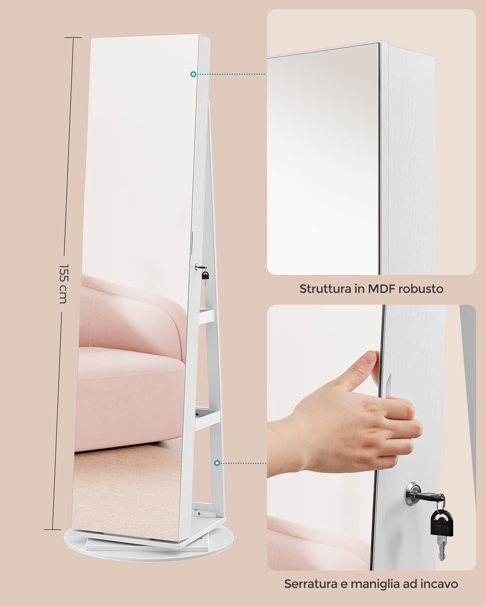 Songmics JJC007W02 specchio portagioie bianco girevole con LED