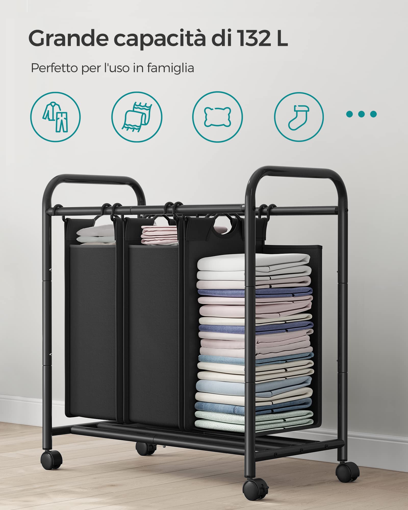 Songmics cesto portabiancheria 132 L 3 scomparti