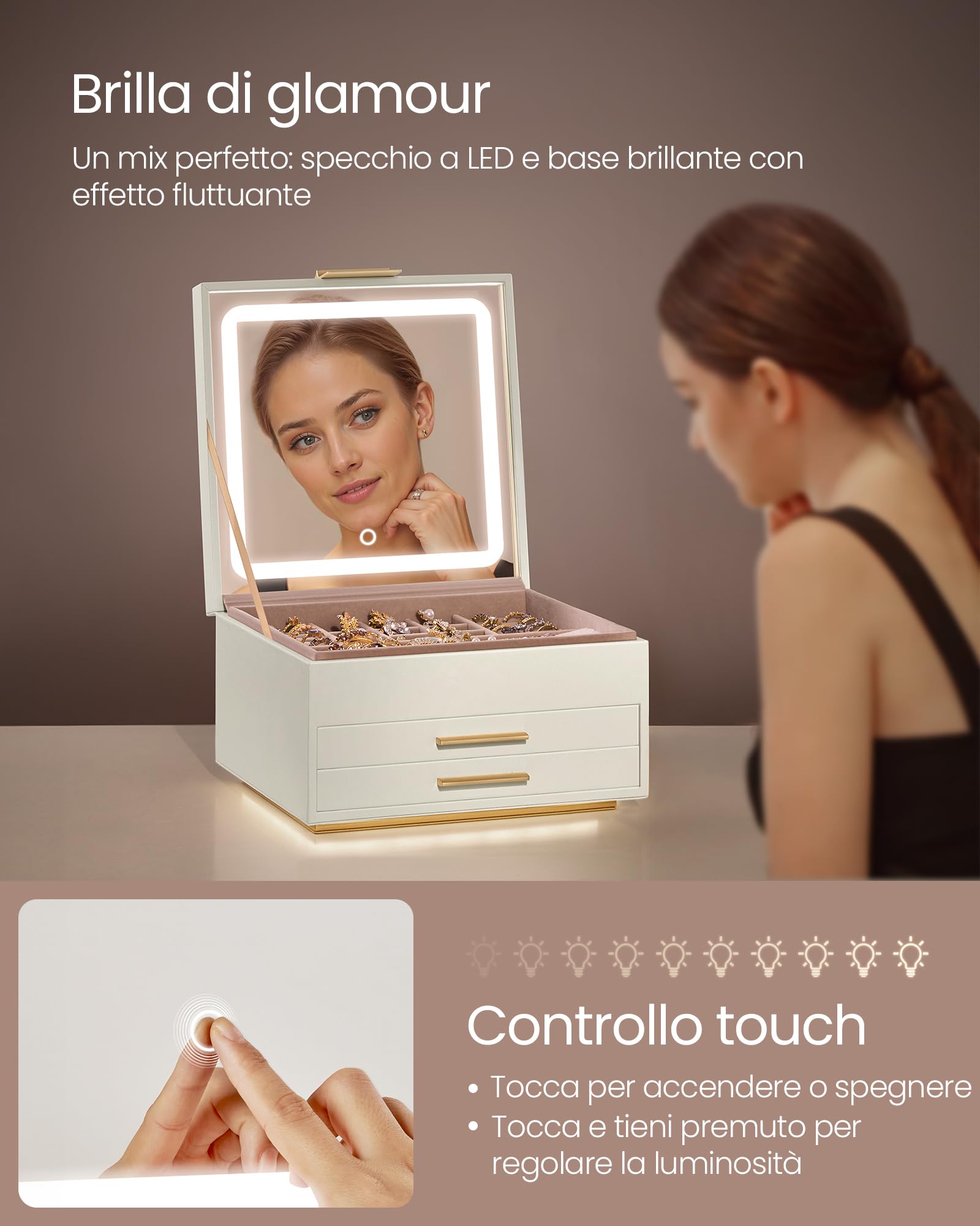 Songmics JBC169W01 scatola portagioie LED 3 livelli crema