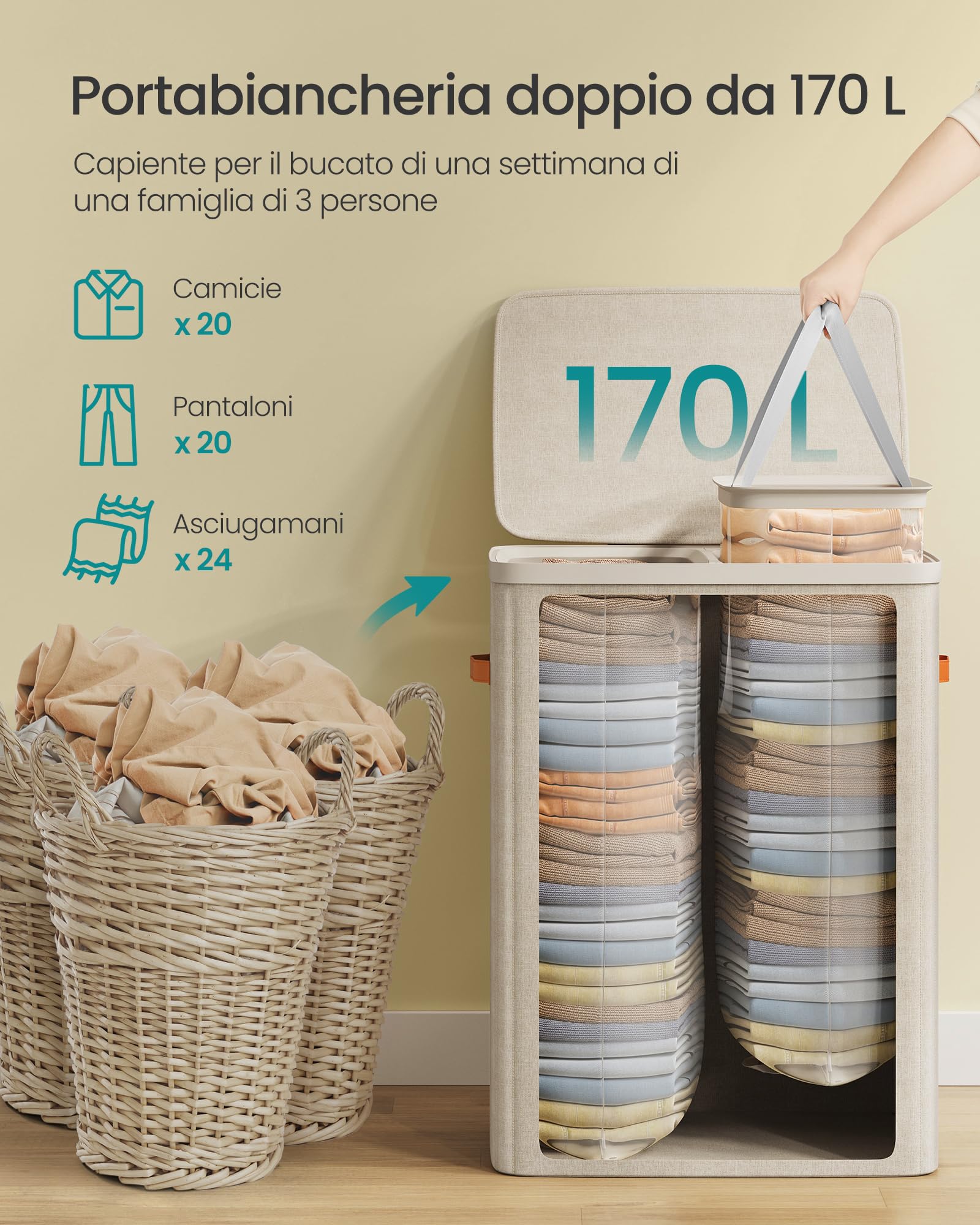 Songmics LCB813L01 cesto portabiancheria 170L beige 2 scomparti
