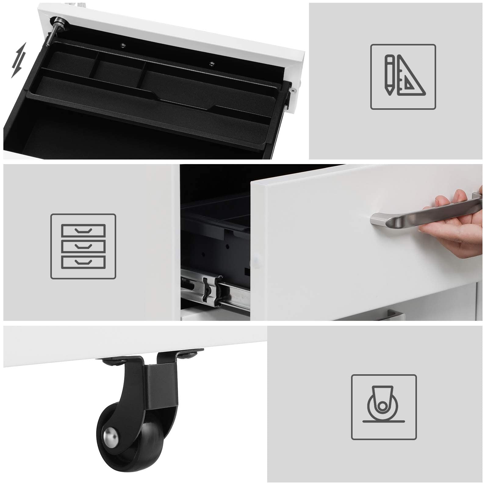 Songmics OFC010W01 cassettiera ufficio 3 cassetti bianco acciaio