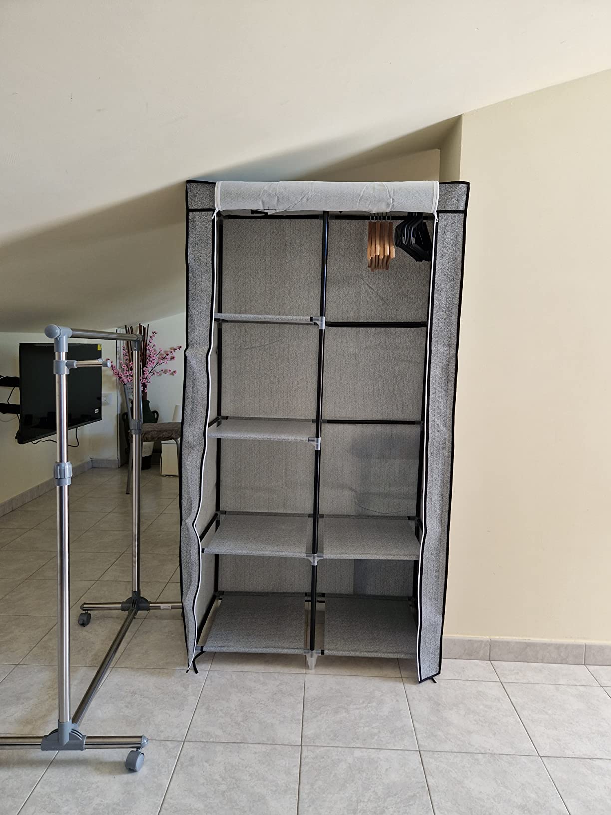 Songmics guardaroba tessuto 45x88x168 cm grigio con asta appendiabiti