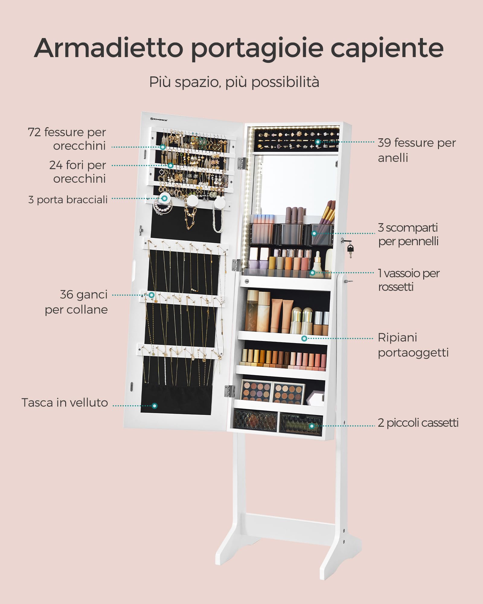 Songmics JJC023W01 specchio portagioie da terra LED bianco